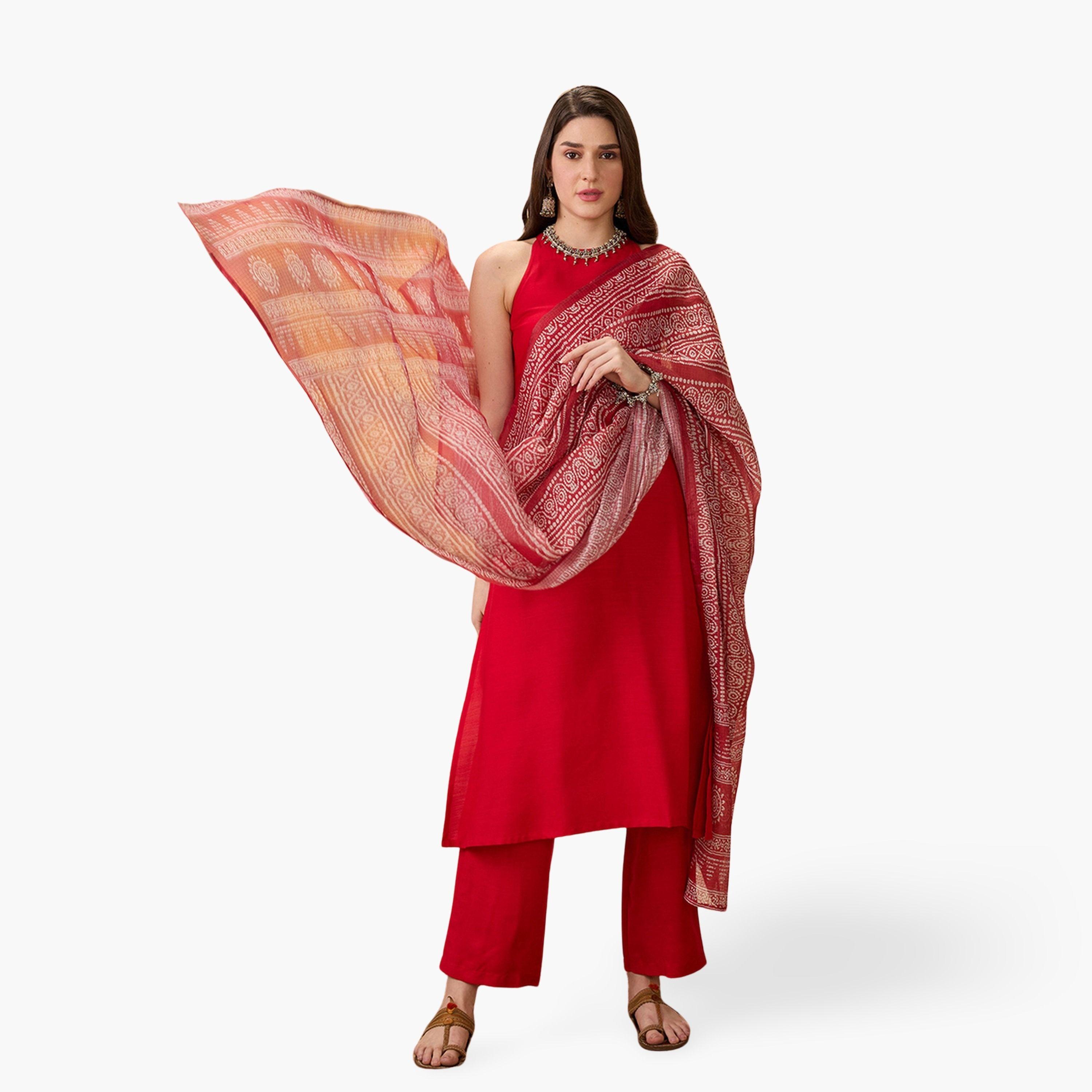 Globus X Styli Halter Neck Solid A-Line Kurta, Pants and Printed Dupatta Festive Set-women-clothing-ethnicwear-kurtasets-image-1