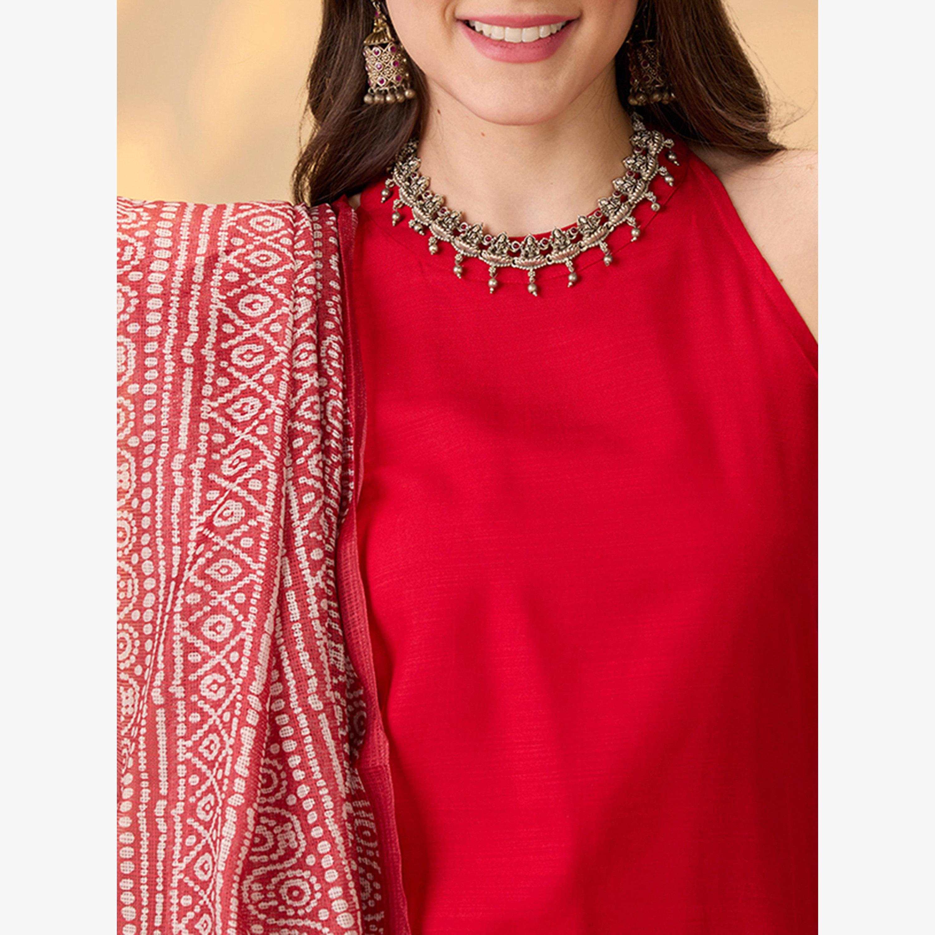 Globus X Styli Halter Neck Solid A-Line Kurta, Pants and Printed Dupatta Festive Set-women-clothing-ethnicwear-kurtasets-image-4