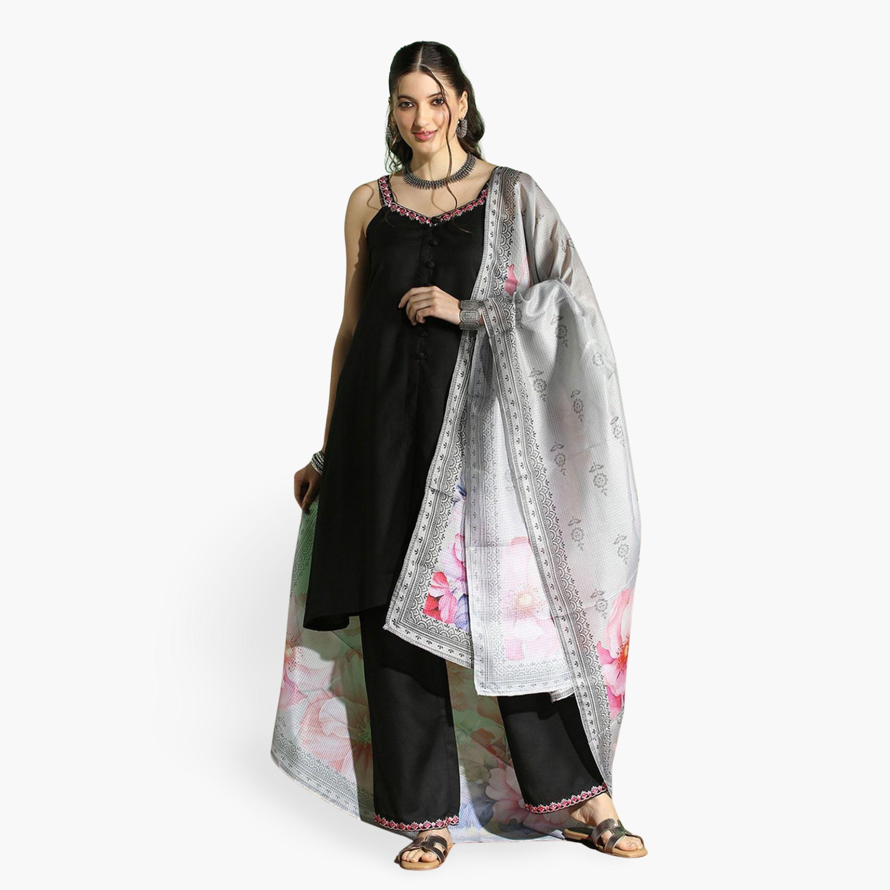 Globus X Styli Embroidered Front Slit Kurta, Pants and Floral Prind Dupatta Set-women-clothing-ethnicwear-kurtasets-image-1