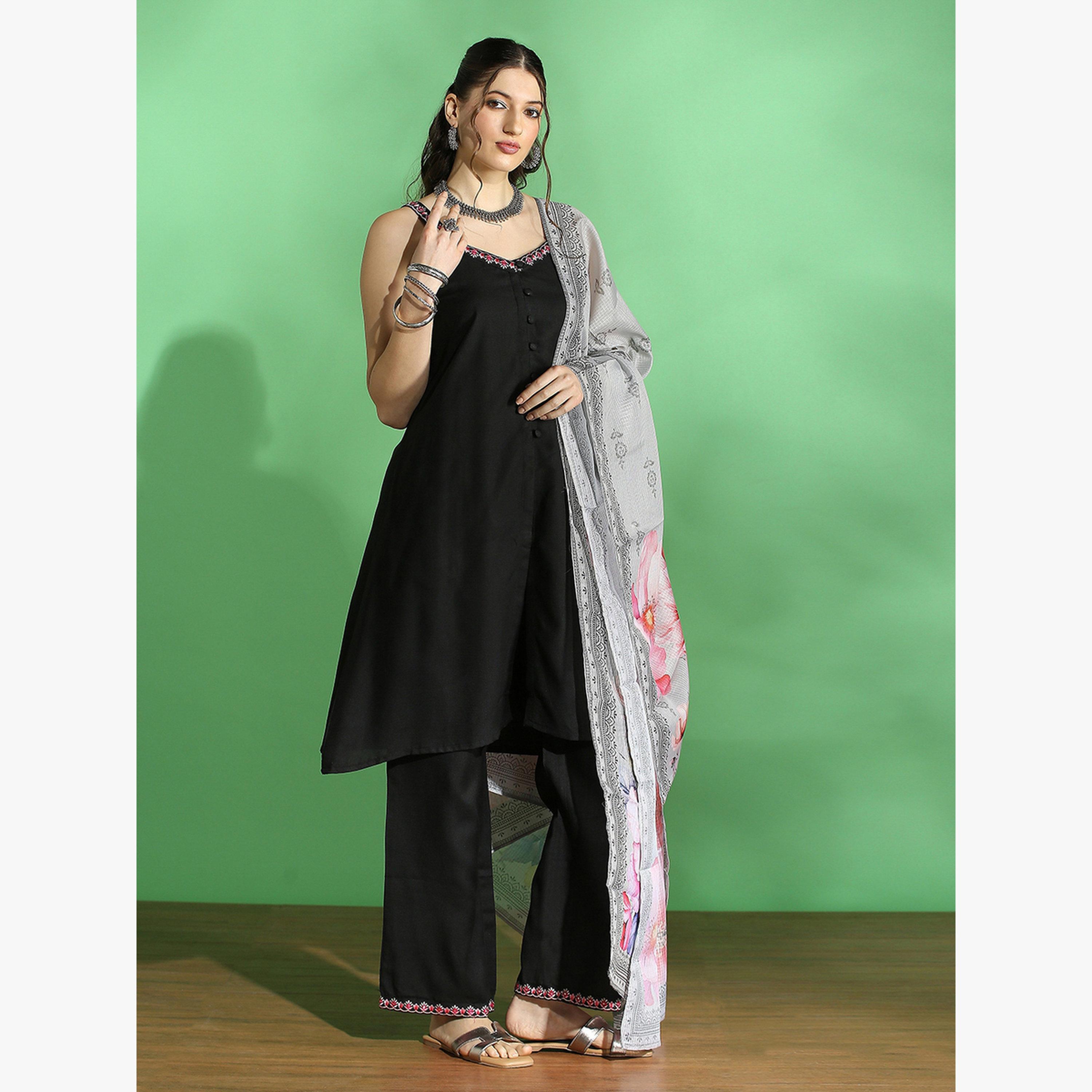 Globus X Styli Embroidered Front Slit Kurta, Pants and Floral Prind Dupatta Set-women-clothing-ethnicwear-kurtasets-image-2
