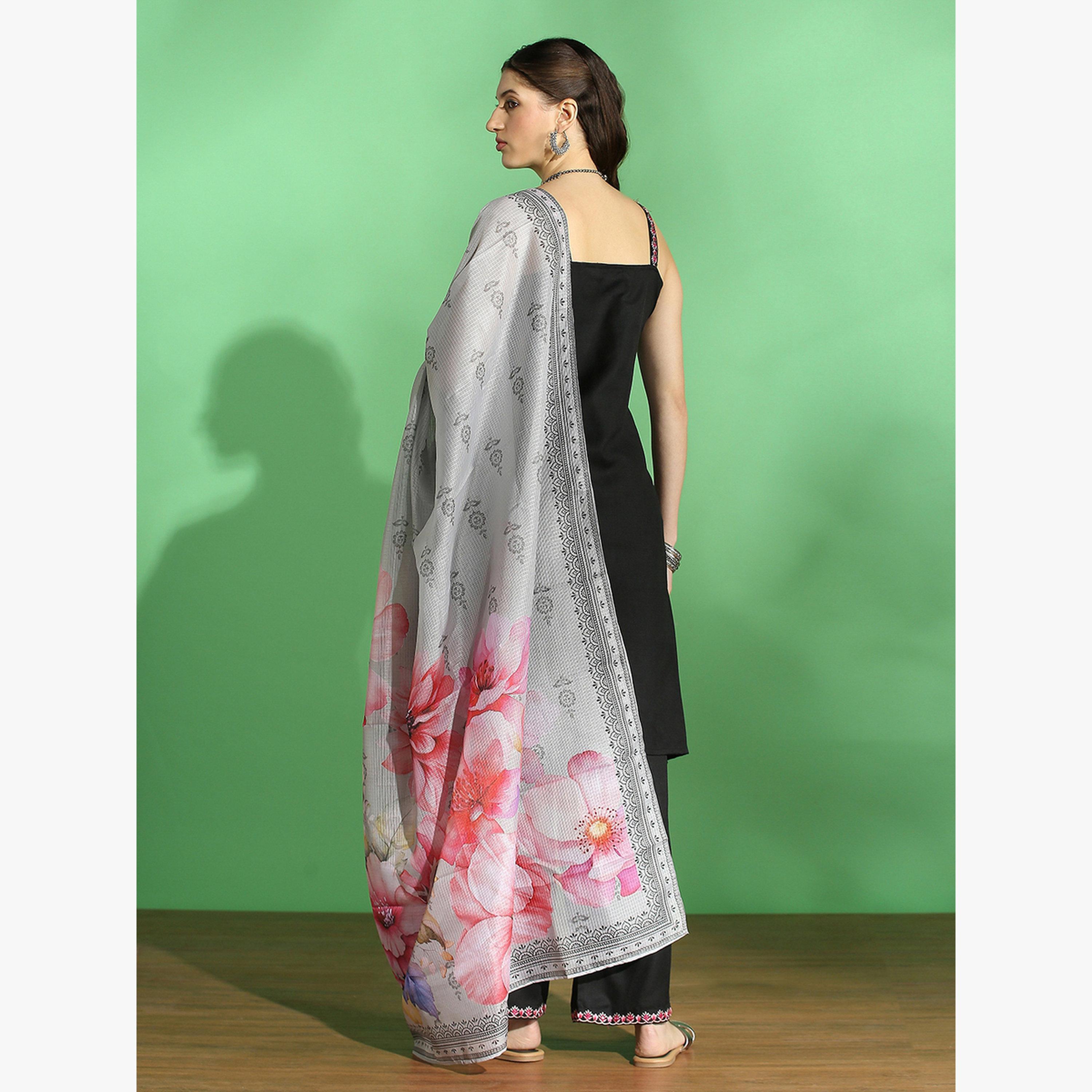 Globus X Styli Embroidered Front Slit Kurta, Pants and Floral Prind Dupatta Set-women-clothing-ethnicwear-kurtasets-image-3