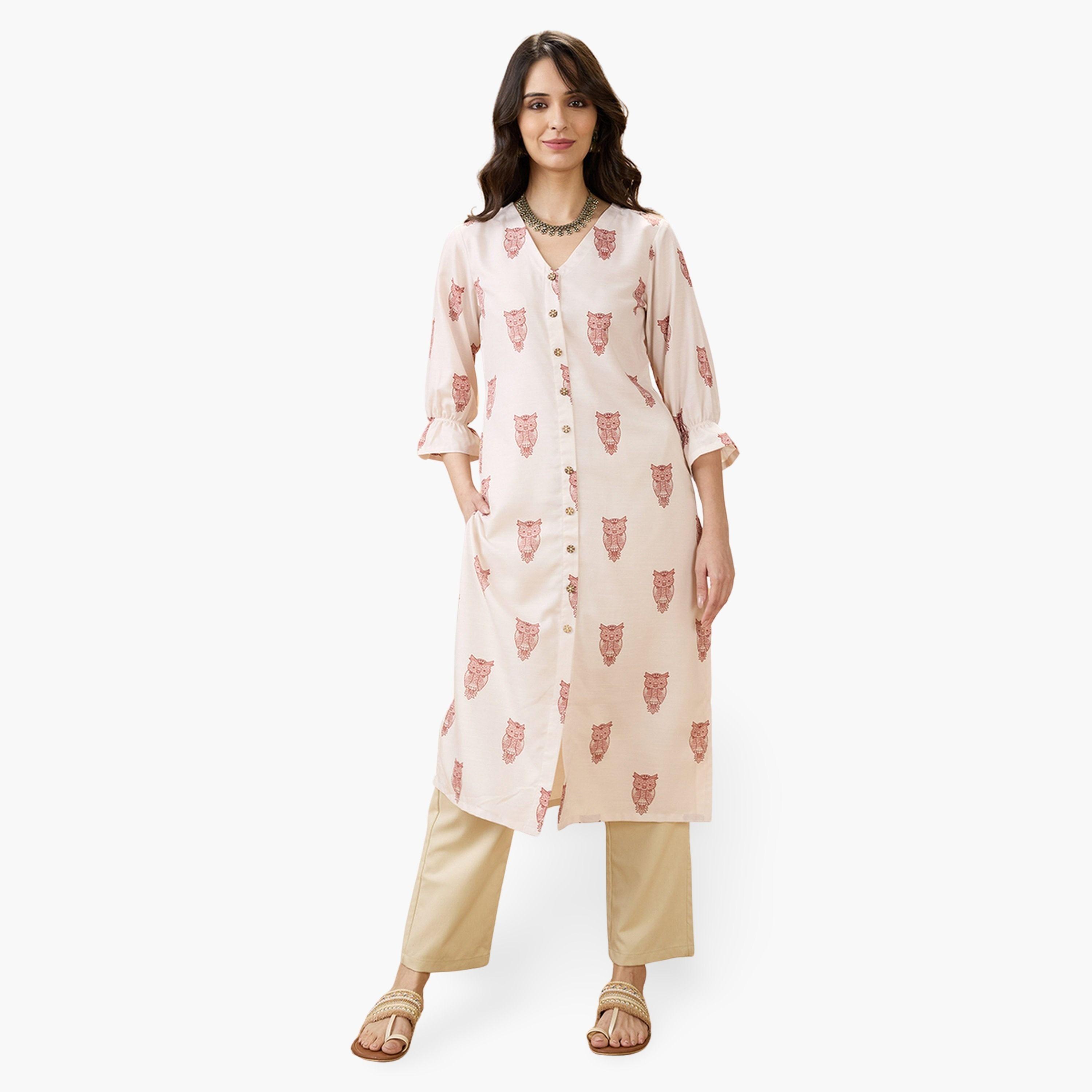 Globus X Styli V Neck Animal Print Button Detail Straight Fusion Kurta-women-clothing-ethnicwear-kurtas-image-1