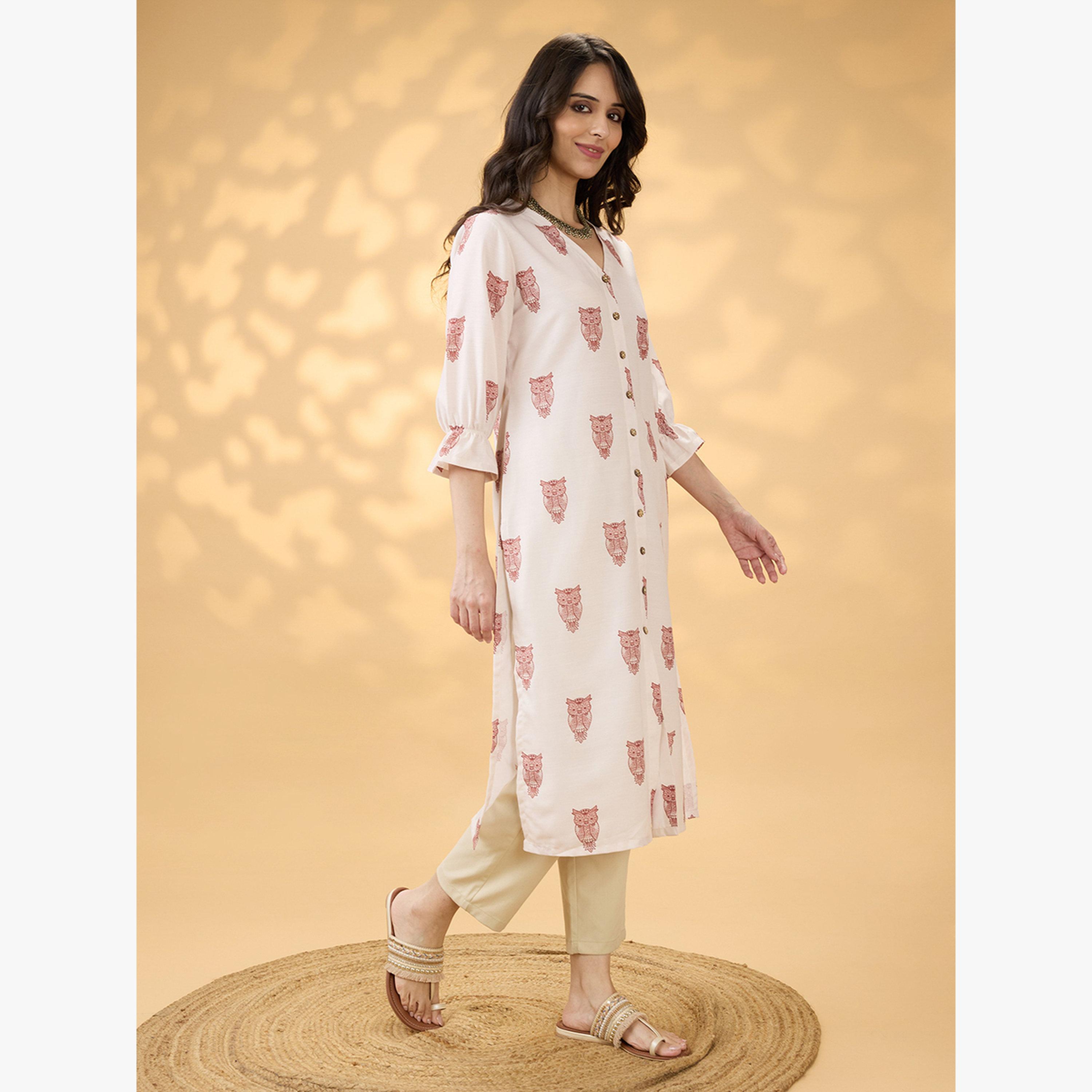 Globus X Styli V Neck Animal Print Button Detail Straight Fusion Kurta-women-clothing-ethnicwear-kurtas-image-2