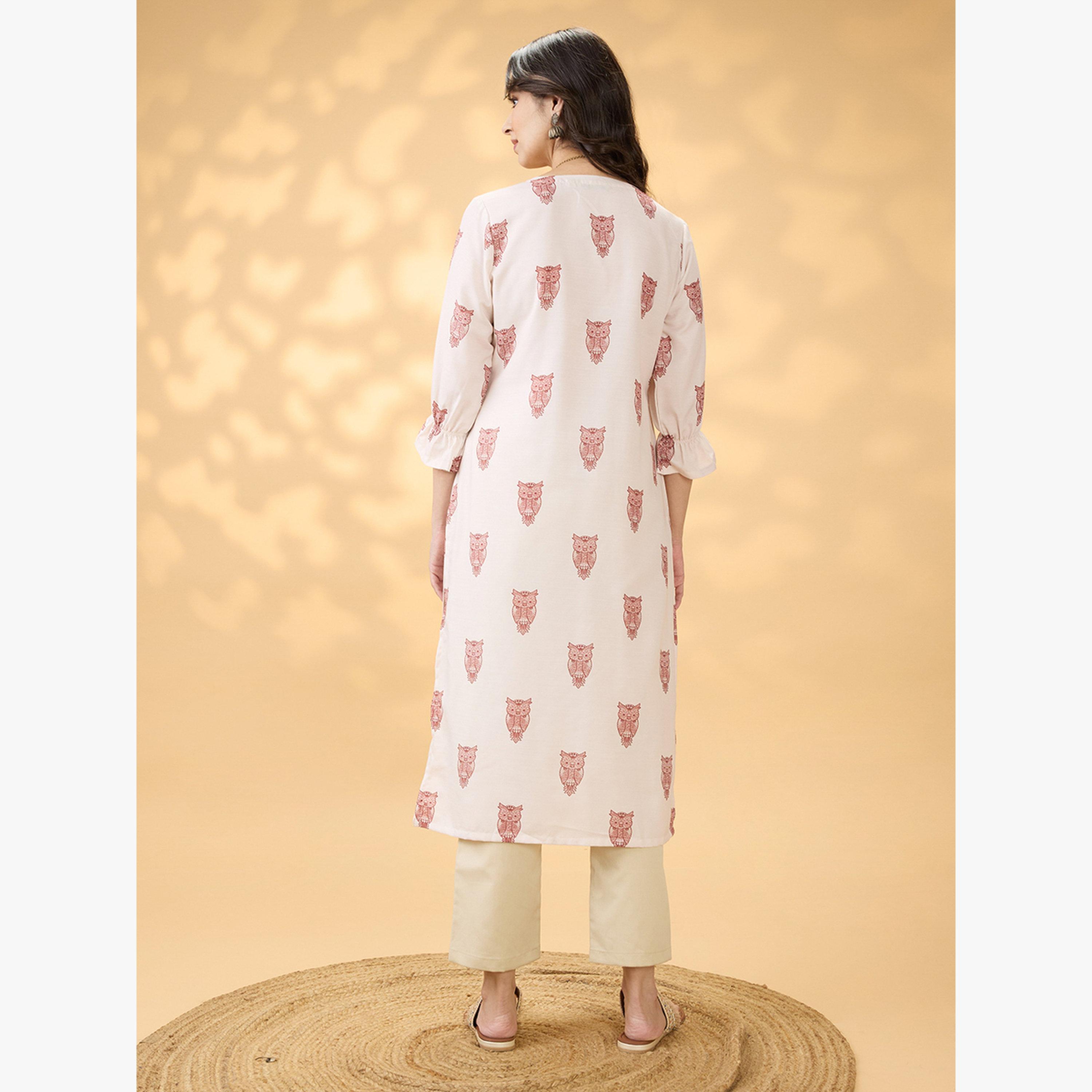 Globus X Styli V Neck Animal Print Button Detail Straight Fusion Kurta-women-clothing-ethnicwear-kurtas-image-3