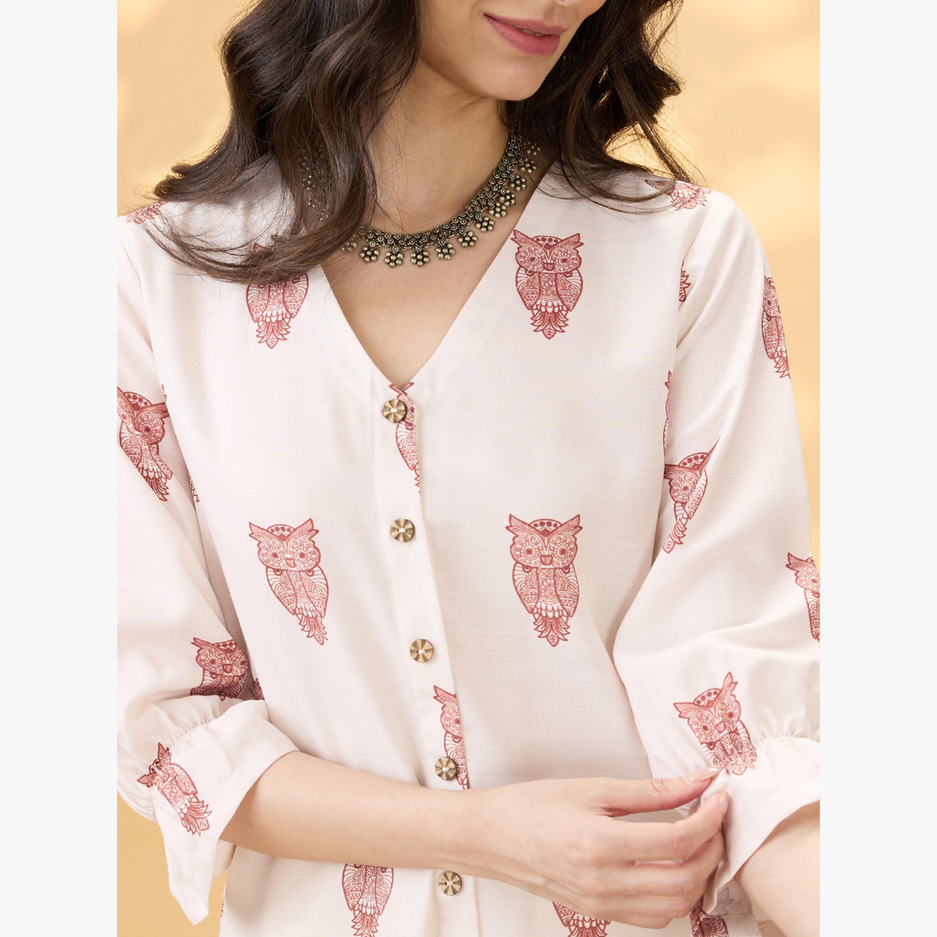 Globus X Styli V Neck Animal Print Button Detail Straight Fusion Kurta-women-clothing-ethnicwear-kurtas-image-4