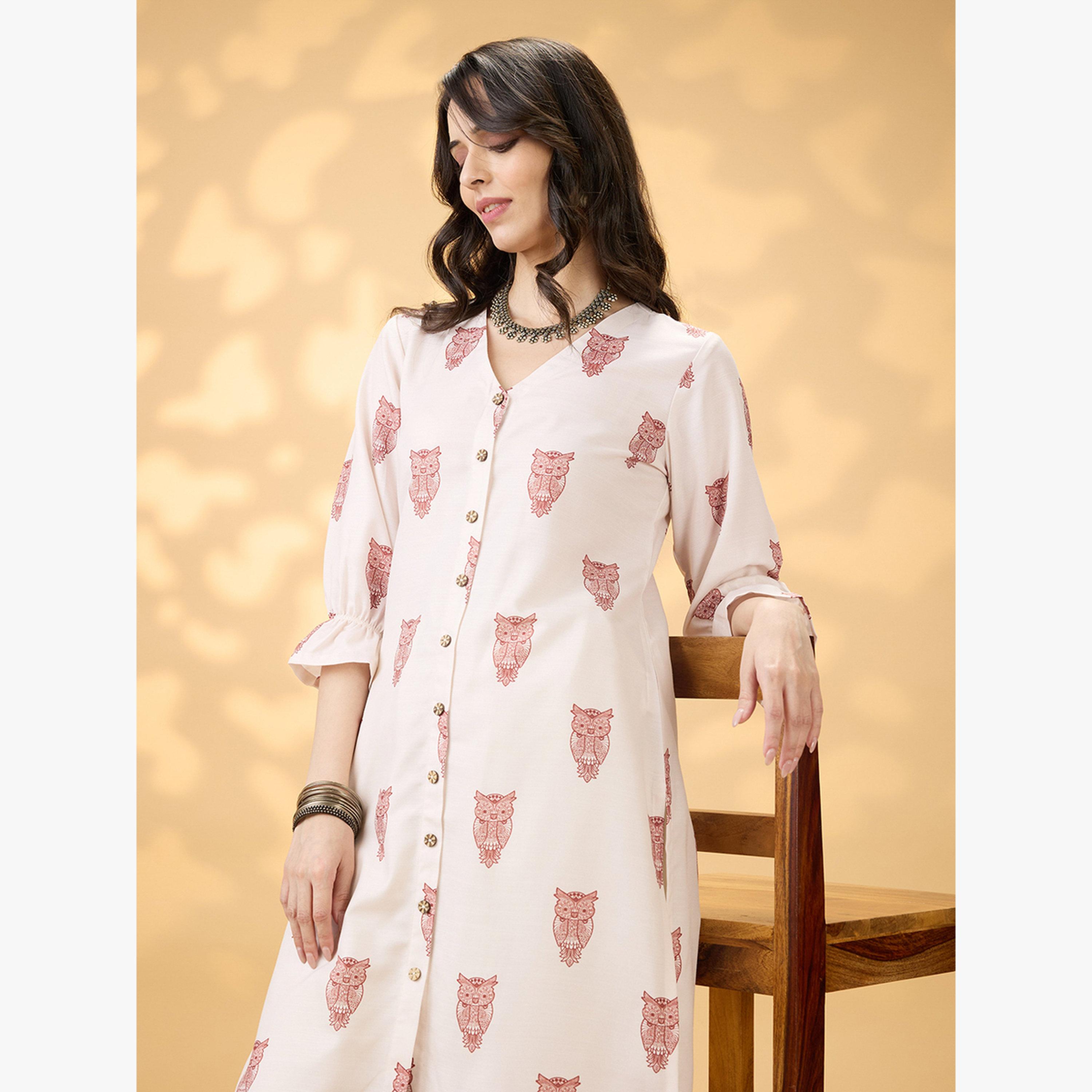 كورتا مستقيمة بطبعة حيوانات وأزرار أمامية-women-clothing-ethnicwear-kurtas-image-5