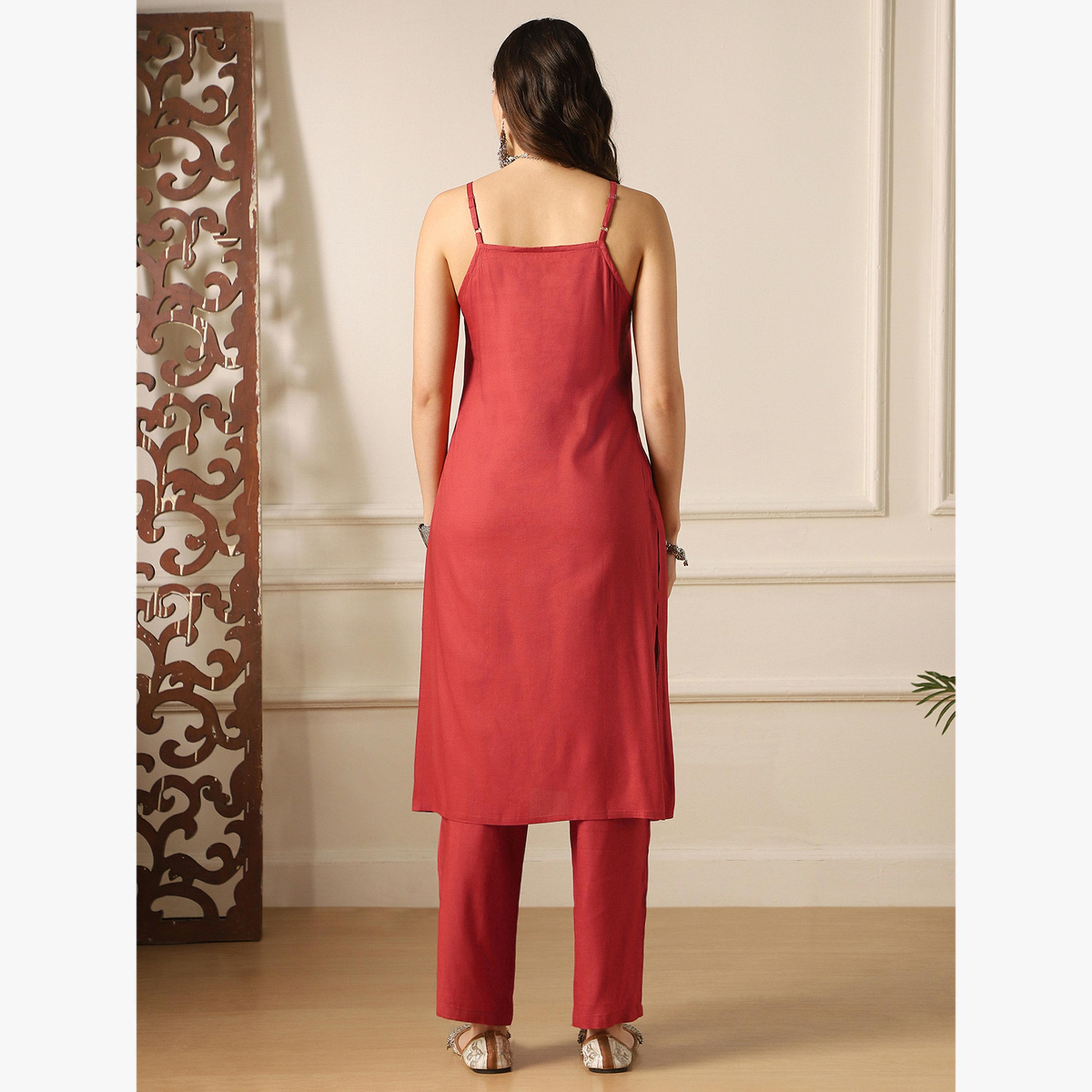 طقم كورتا مستقيمة بياقة مربعة وتفصيلة تطريز مع بنطال-women-clothing-ethnicwear-kurtasets-image-4