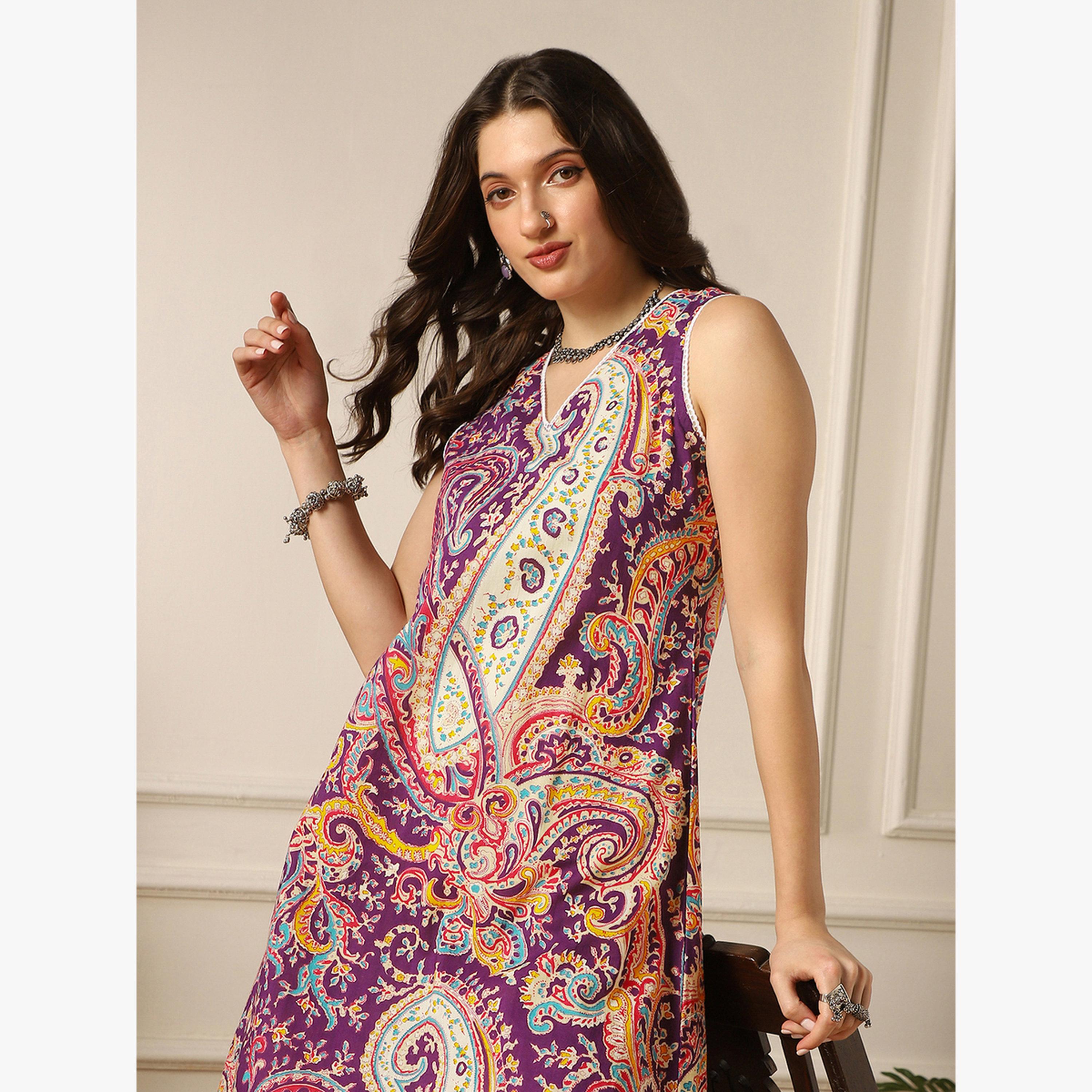طقم كورتا بحافة واسعة بطبعة شرقية وزخرفة دانتيل مع بنطال-women-clothing-ethnicwear-kurtasets-image-3