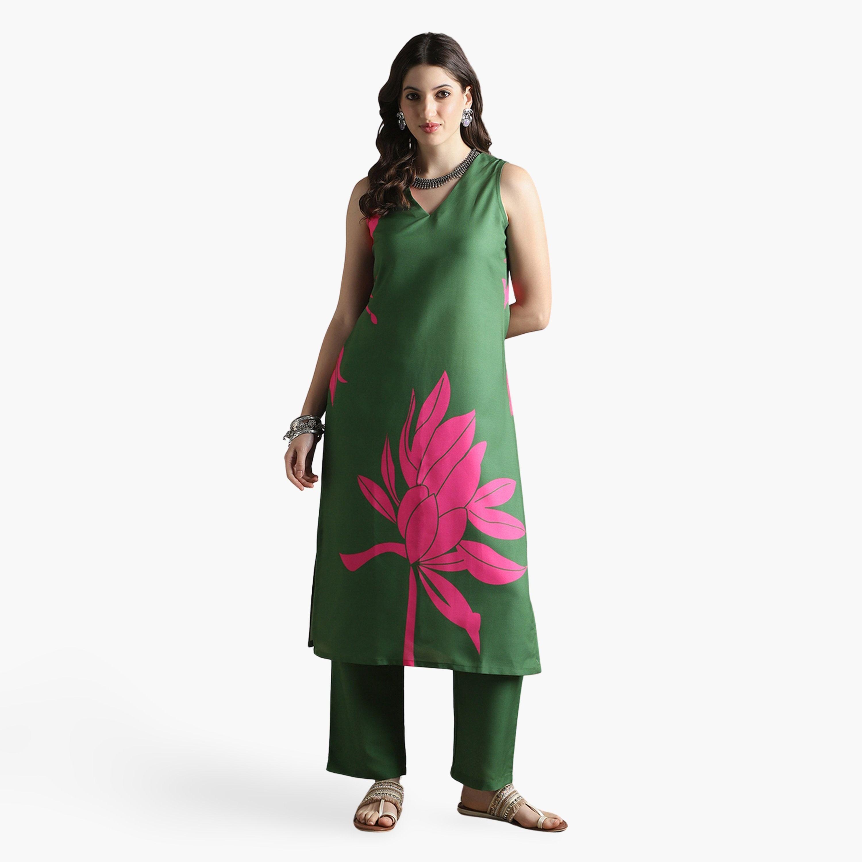 طقم كورتا مستقيمة بطبعة زهور مع بنطال-women-clothing-ethnicwear-kurtasets-image-1
