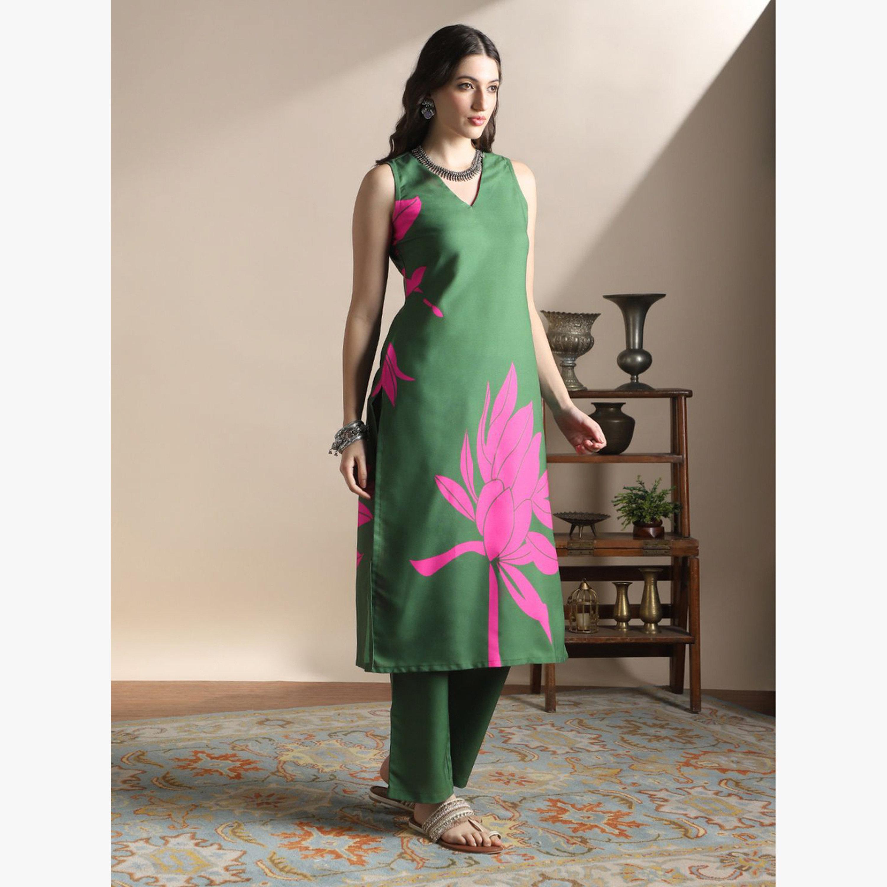 طقم كورتا مستقيمة بطبعة زهور مع بنطال-women-clothing-ethnicwear-kurtasets-image-2