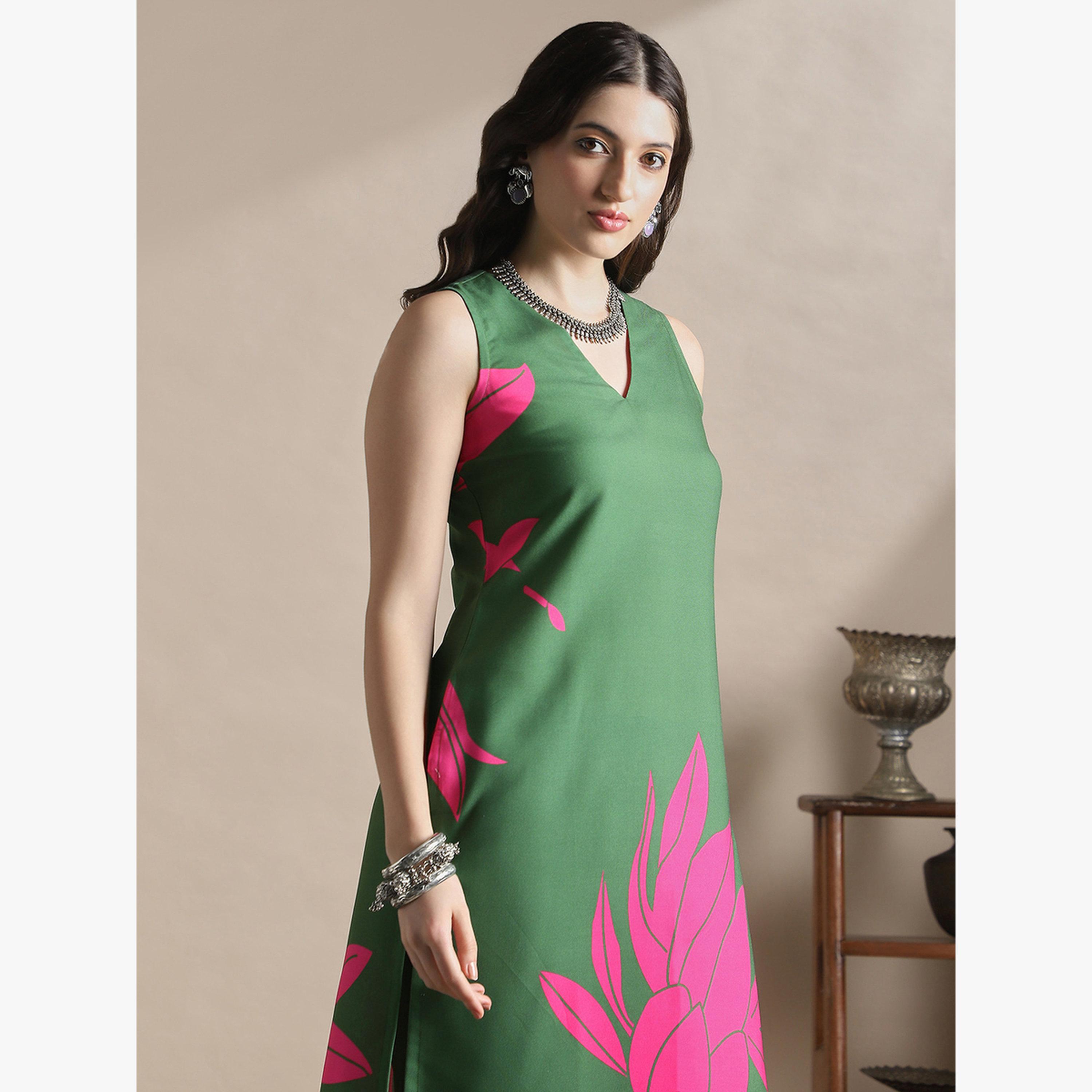 طقم كورتا مستقيمة بطبعة زهور مع بنطال-women-clothing-ethnicwear-kurtasets-image-3