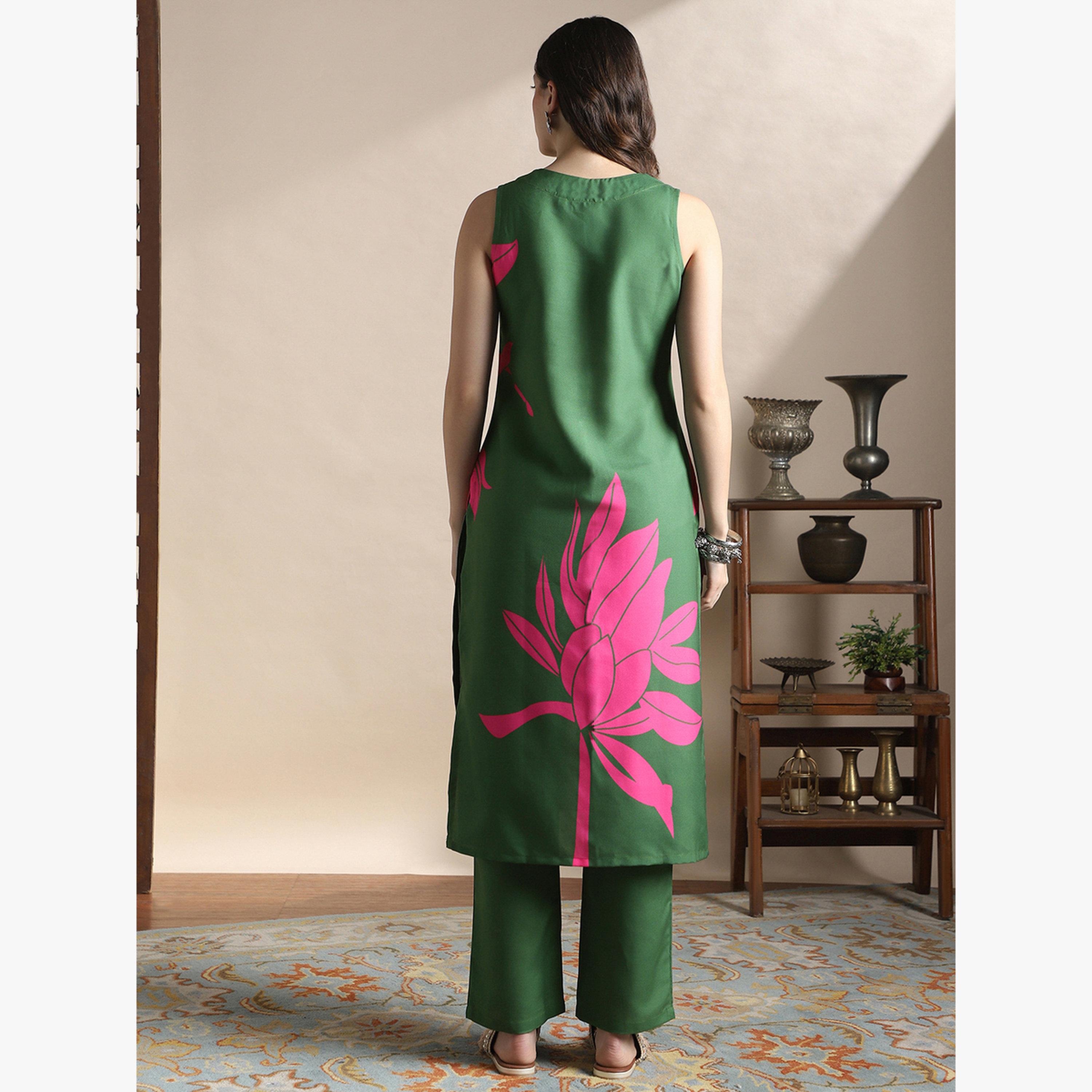 طقم كورتا مستقيمة بطبعة زهور مع بنطال-women-clothing-ethnicwear-kurtasets-image-4