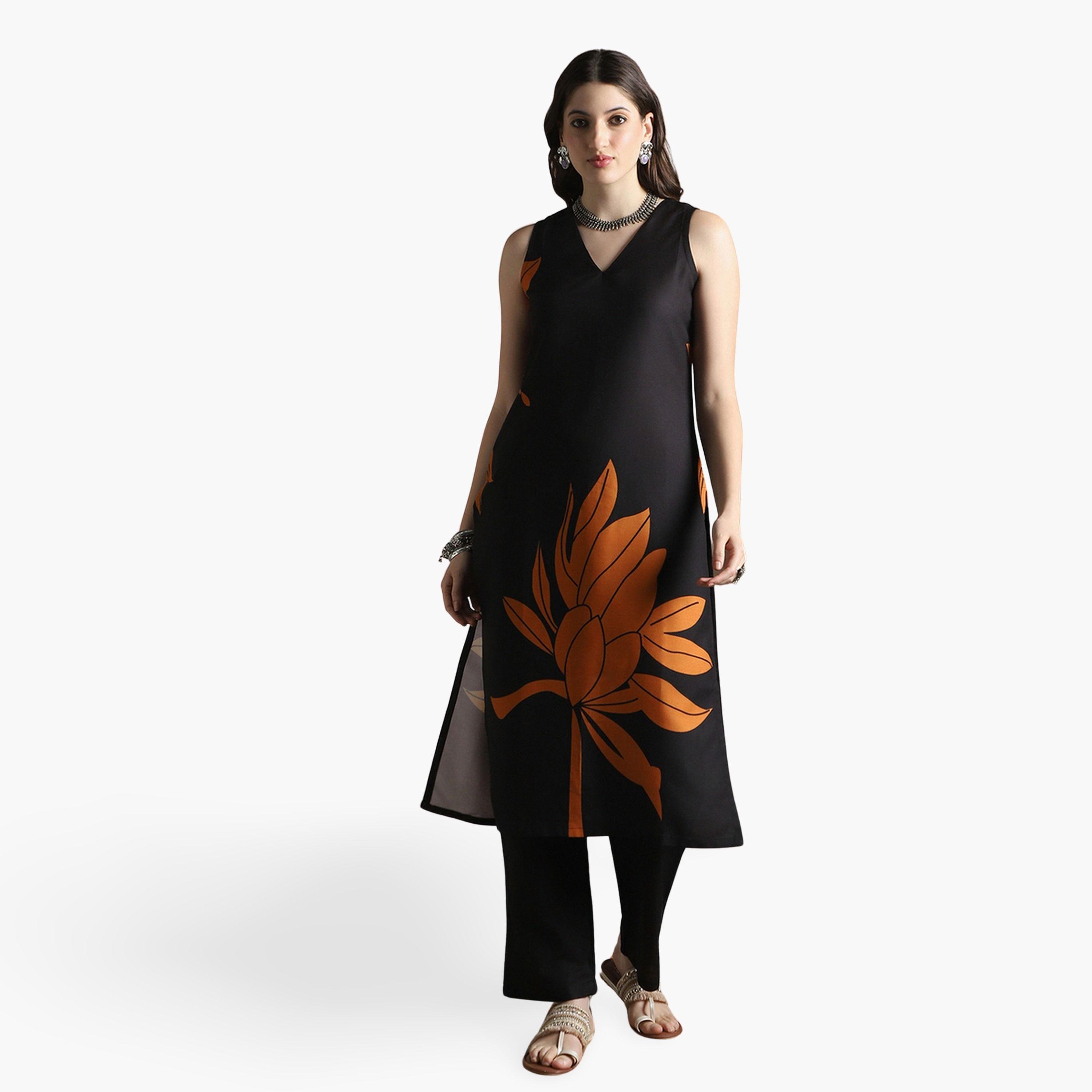 طقم كورتا مستقيمة بلا أكمام بطبعة زهور مع بنطال-women-clothing-ethnicwear-kurtasets-image-1