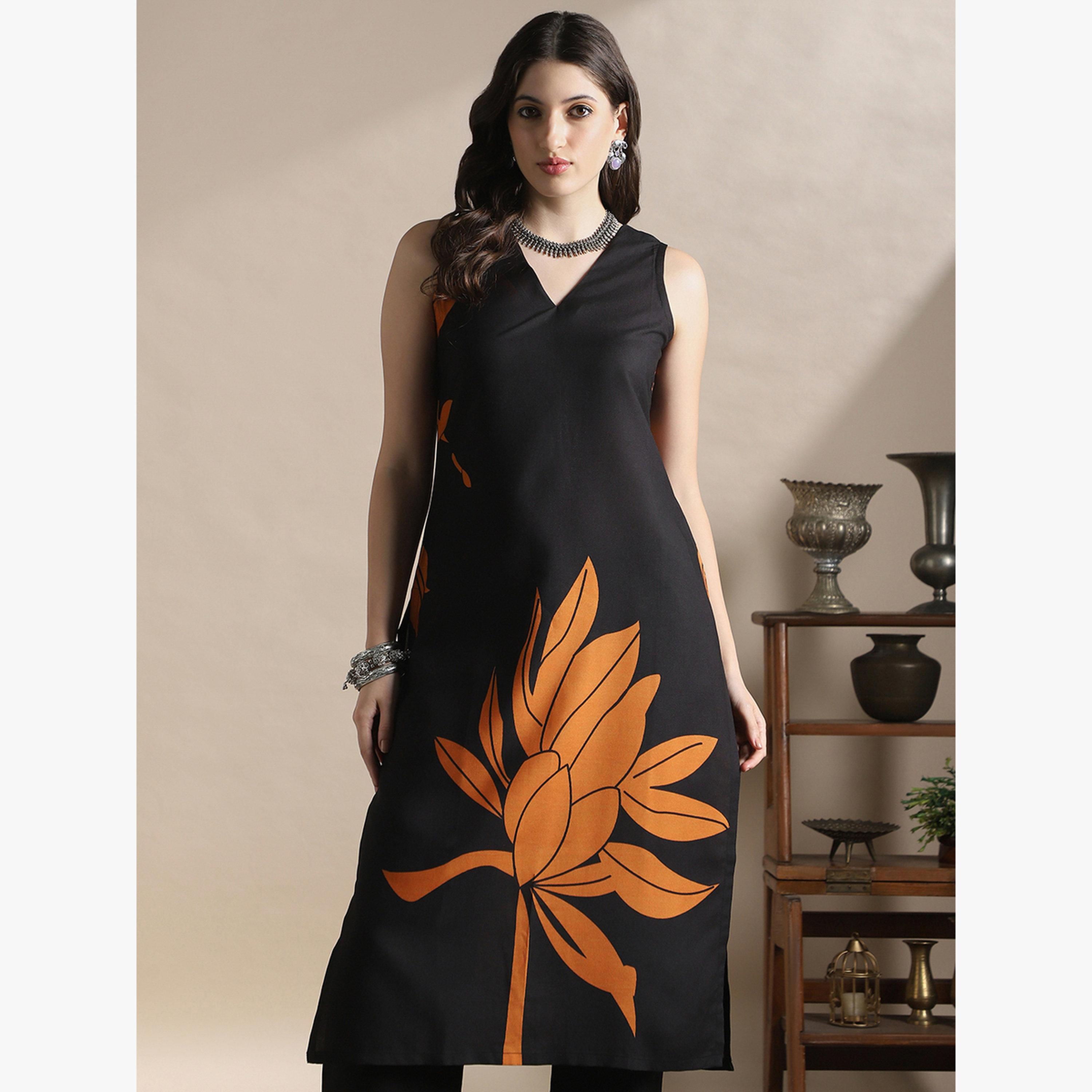 طقم كورتا مستقيمة بلا أكمام بطبعة زهور مع بنطال-women-clothing-ethnicwear-kurtasets-image-4