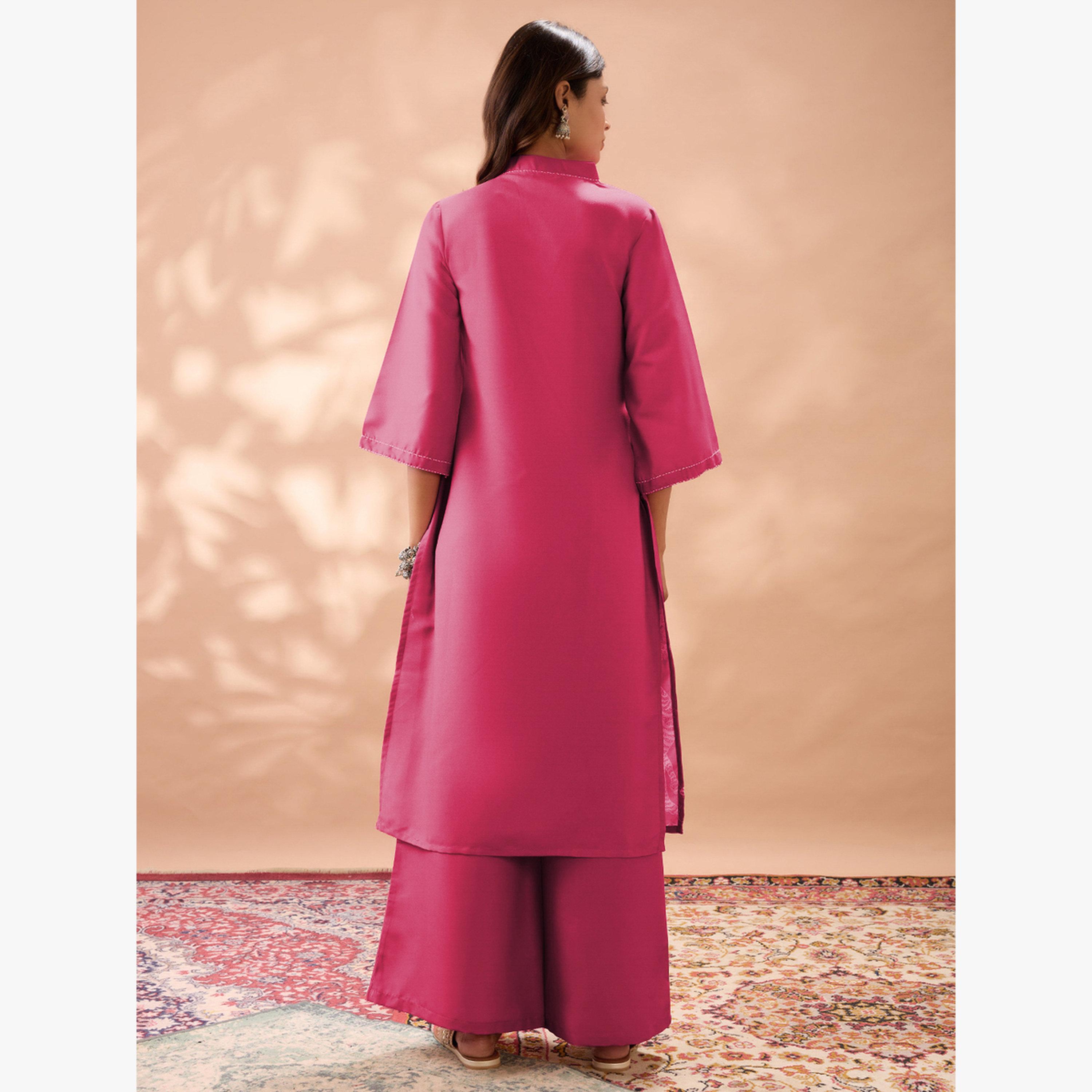 طقم كورتا مستقيمة بطبعة حيوانات وأكمام جرسية مع بنطال واسع-women-clothing-ethnicwear-kurtasets-image-3