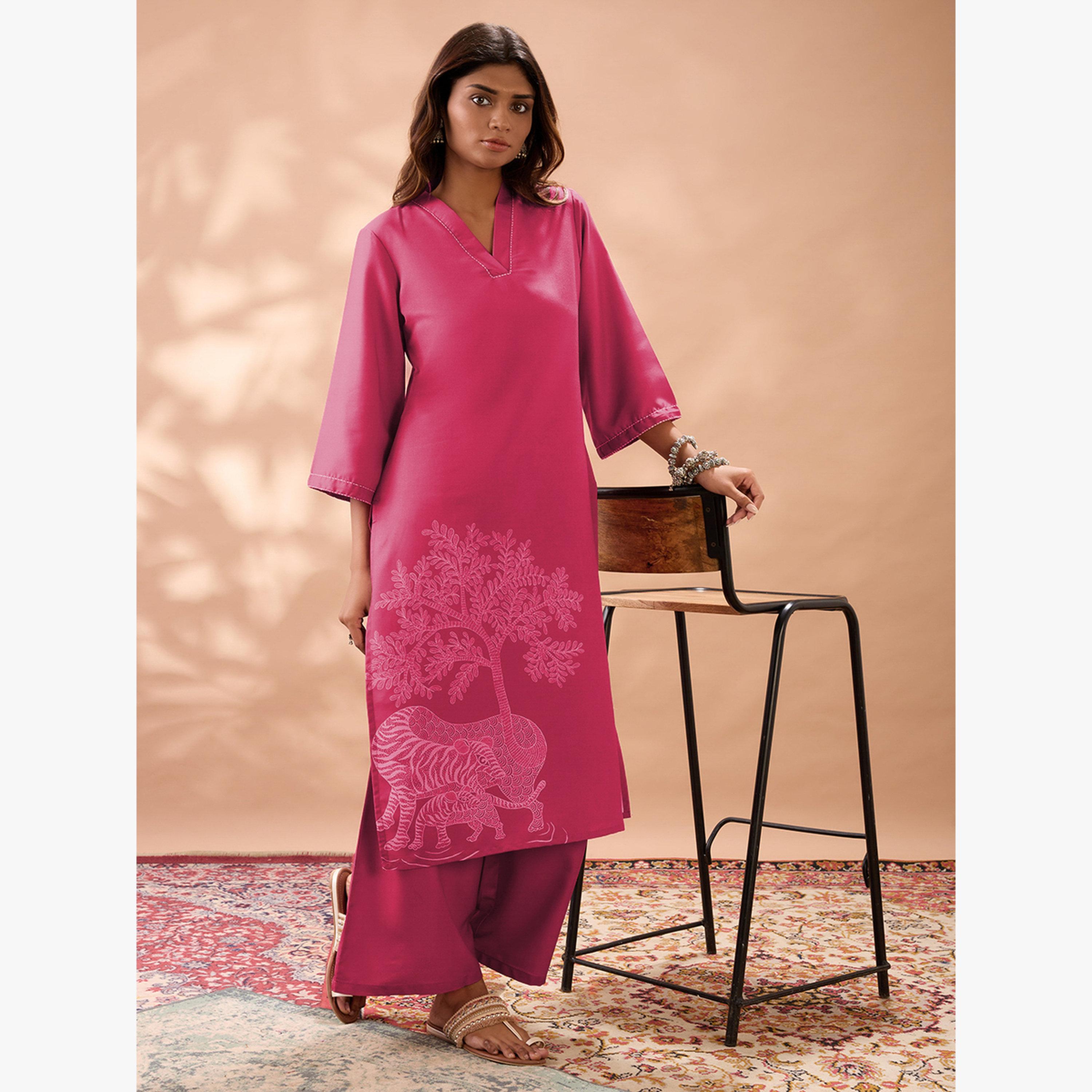 Globus X Styli Gond Animal Print Bell Sleeves Straight Kurta and Wide Leg Pant Set-women-clothing-ethnicwear-kurtasets-image-6