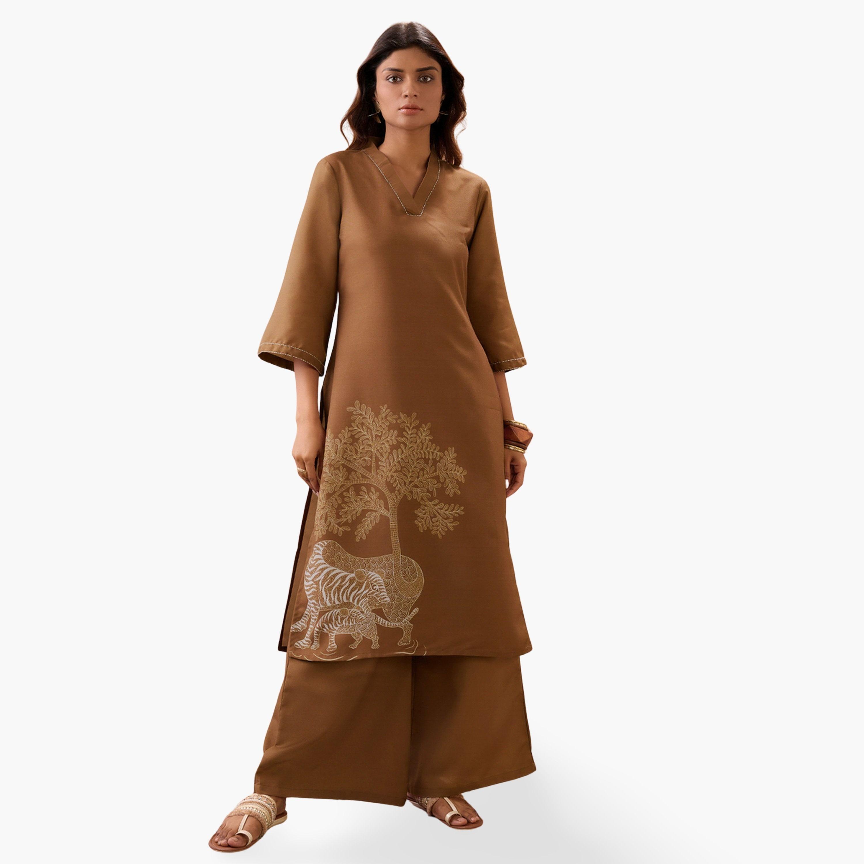 Globus X Styli Gond Animal Print Bell Sleeves Straight Kurta and Wide Leg Pant Set-women-clothing-ethnicwear-kurtasets-image-1