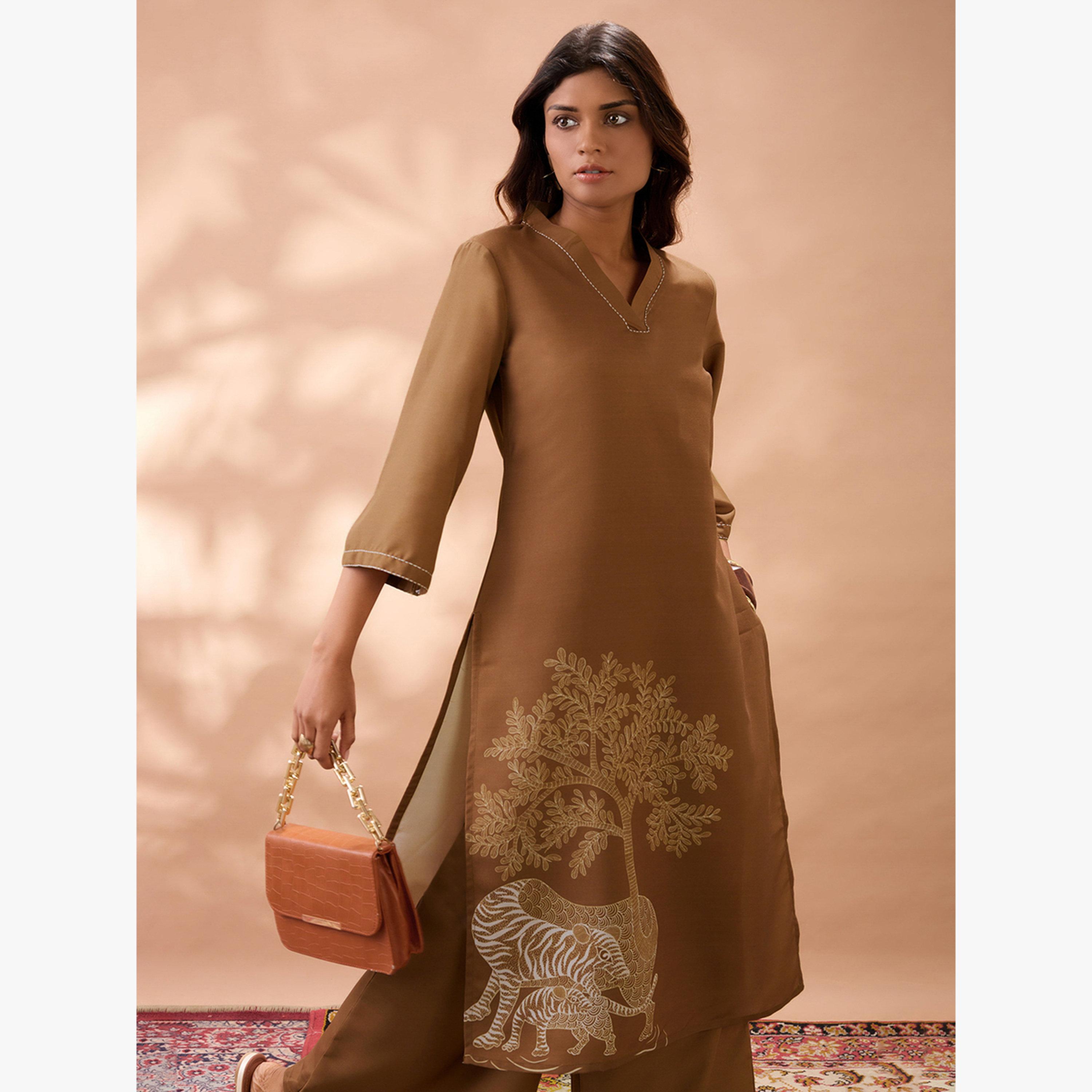 Globus X Styli Gond Animal Print Bell Sleeves Straight Kurta and Wide Leg Pant Set-women-clothing-ethnicwear-kurtasets-image-6