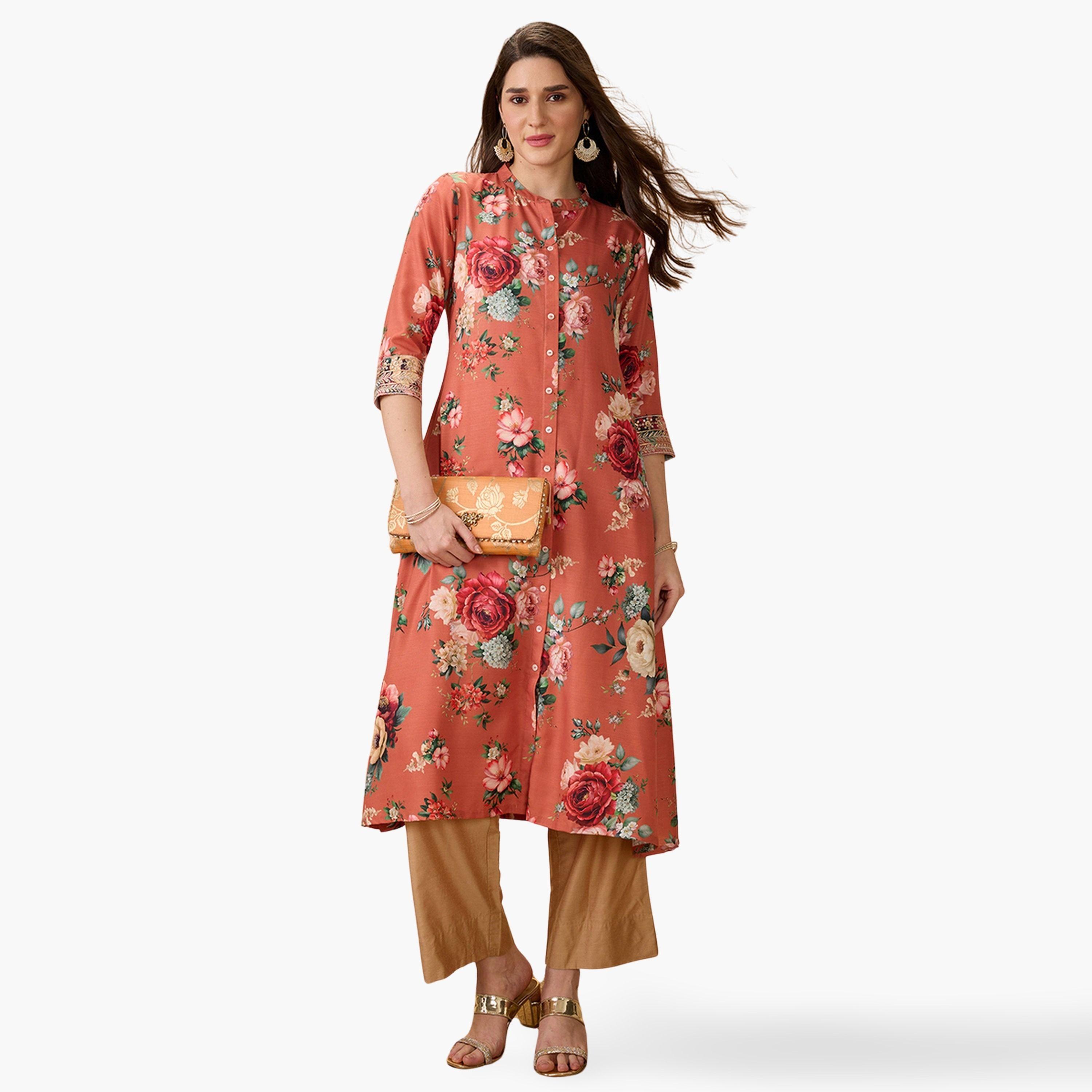 Globus X Styli Floral Print Button Placket A-Line Festive Kurta-women-clothing-ethnicwear-kurtas-image-1