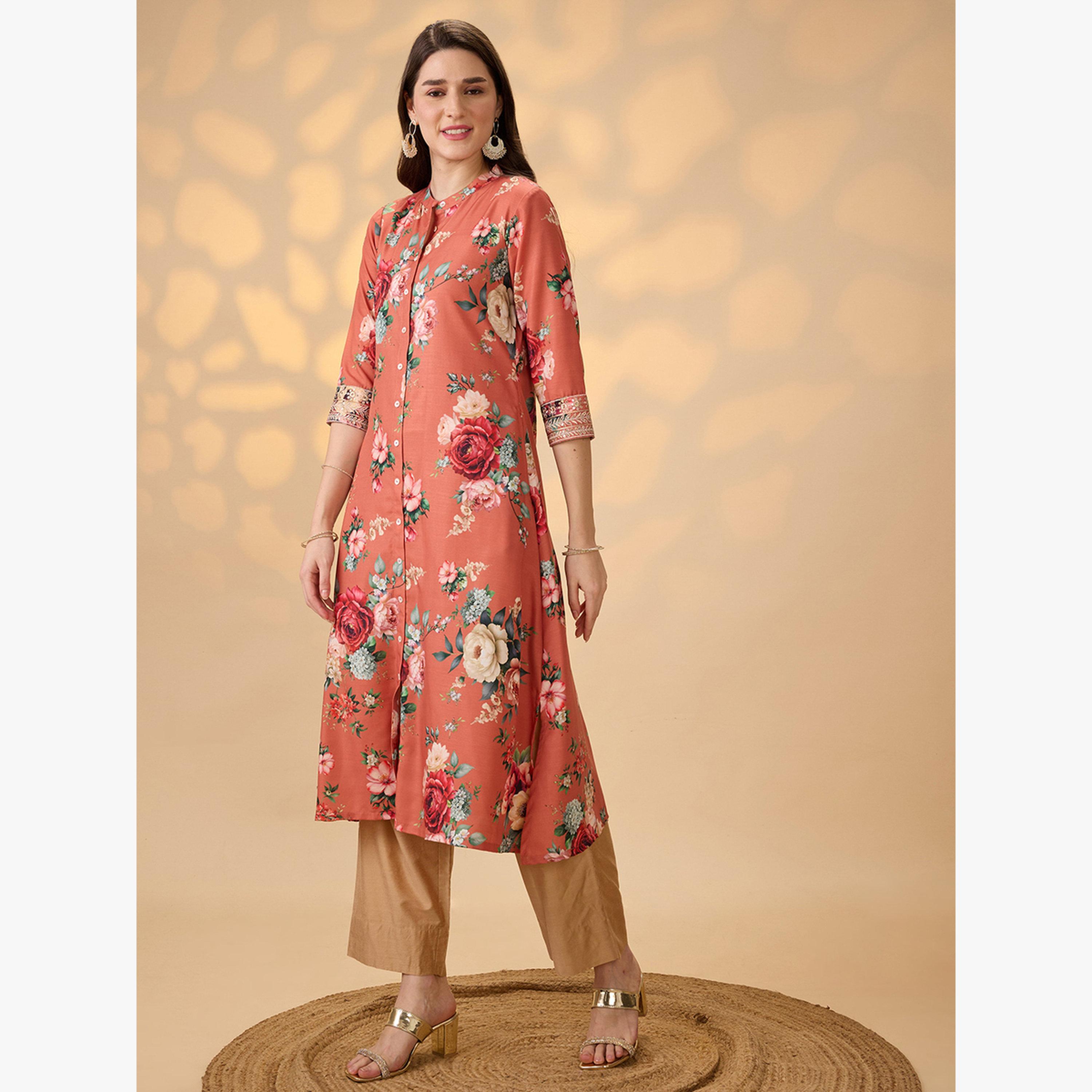 كورتا احتفالية بحافة واسعة وأزرار أمامية بطبعة زهور-women-clothing-ethnicwear-kurtas-image-2