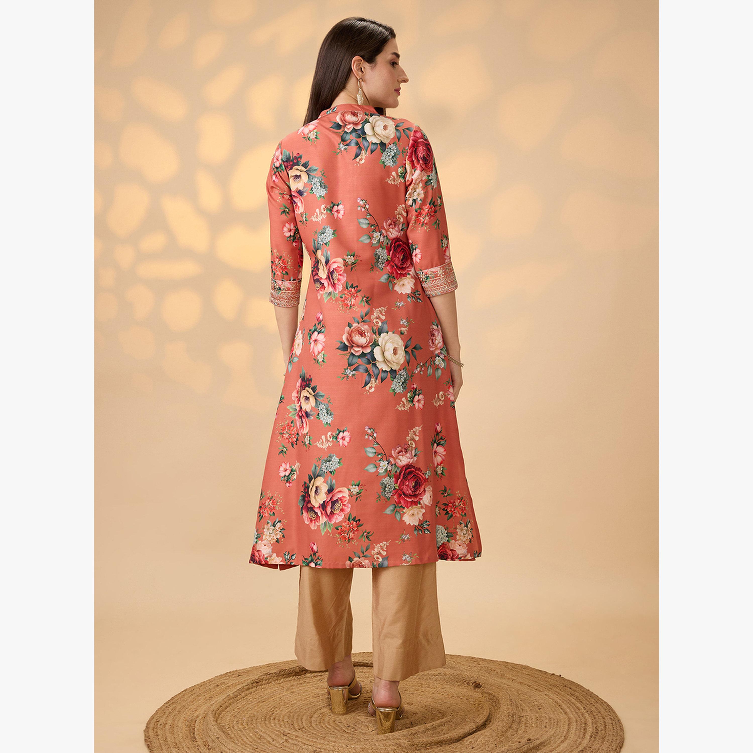 كورتا احتفالية بحافة واسعة وأزرار أمامية بطبعة زهور-women-clothing-ethnicwear-kurtas-image-3