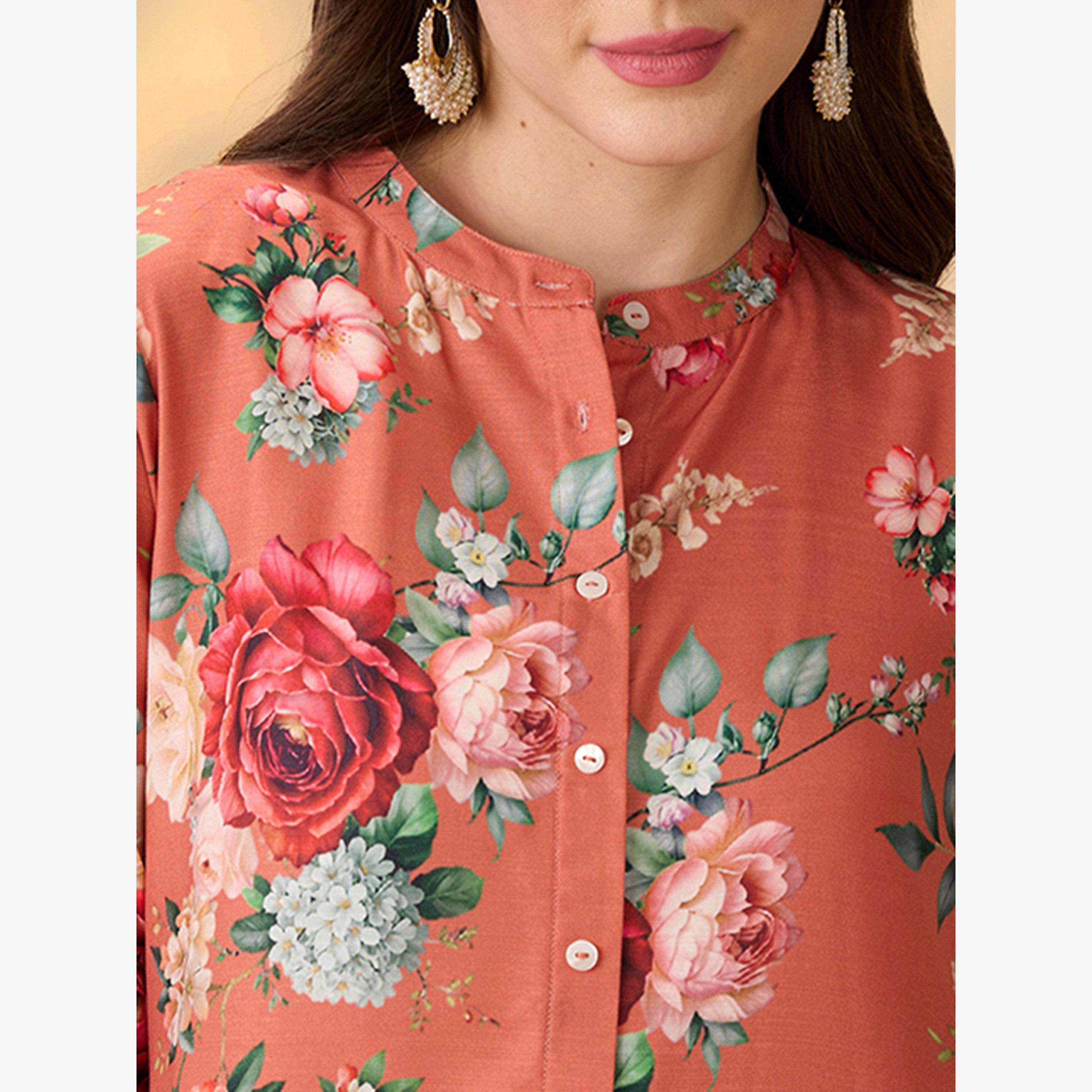 كورتا احتفالية بحافة واسعة وأزرار أمامية بطبعة زهور-women-clothing-ethnicwear-kurtas-image-4