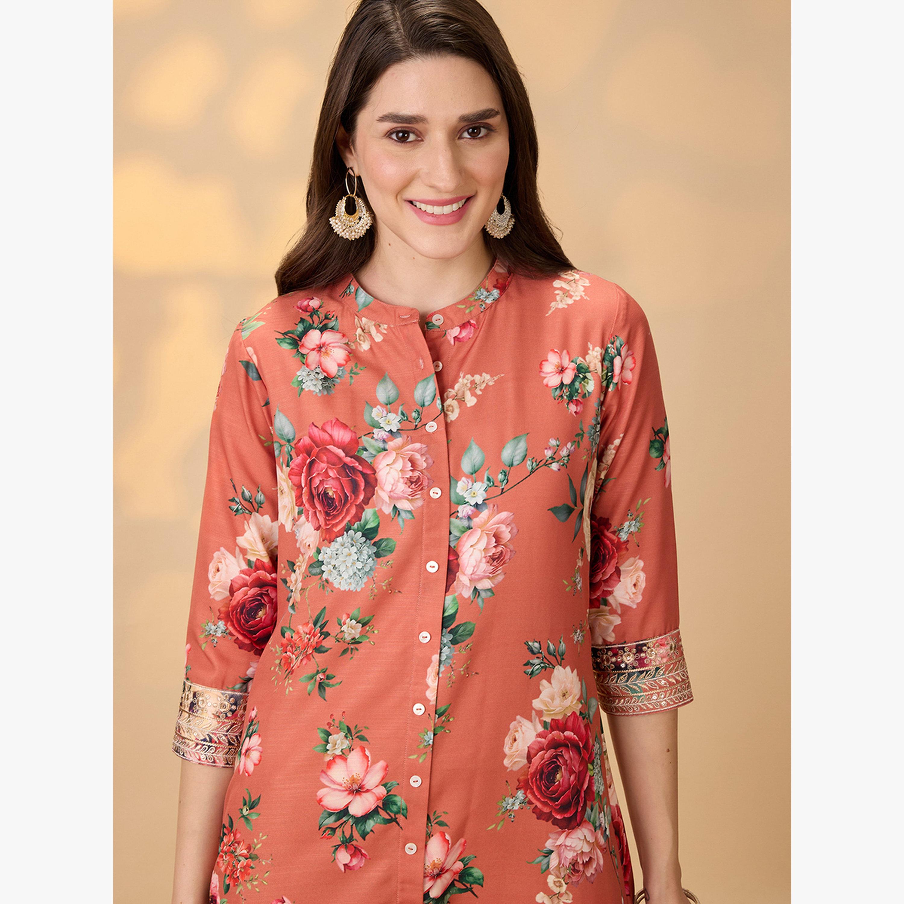 Globus X Styli Floral Print Button Placket A-Line Festive Kurta-women-clothing-ethnicwear-kurtas-image-5