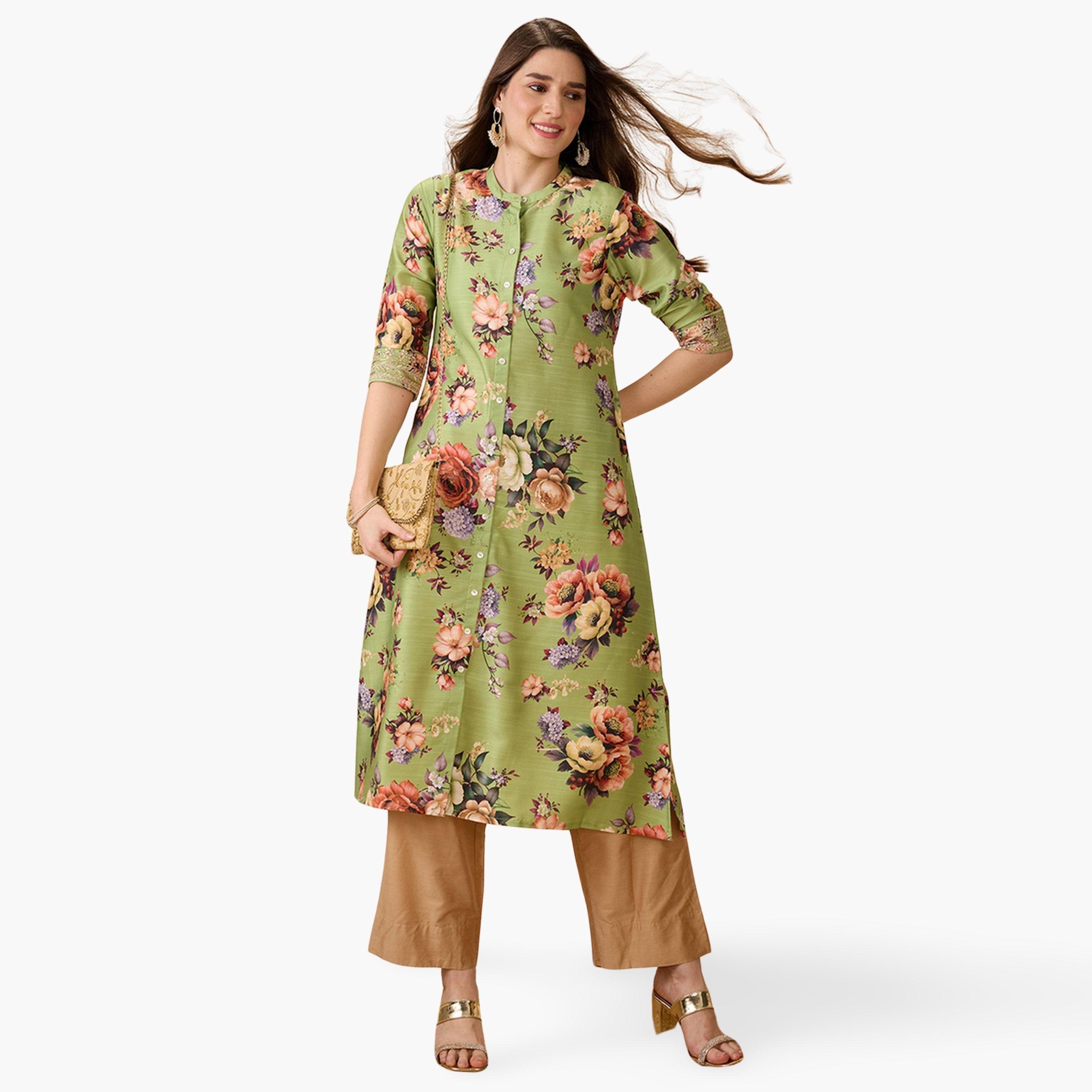 كورتا احتفالية بحافة واسعة وأزرار أمامية بطبعة زهور-women-clothing-ethnicwear-kurtas-image-1