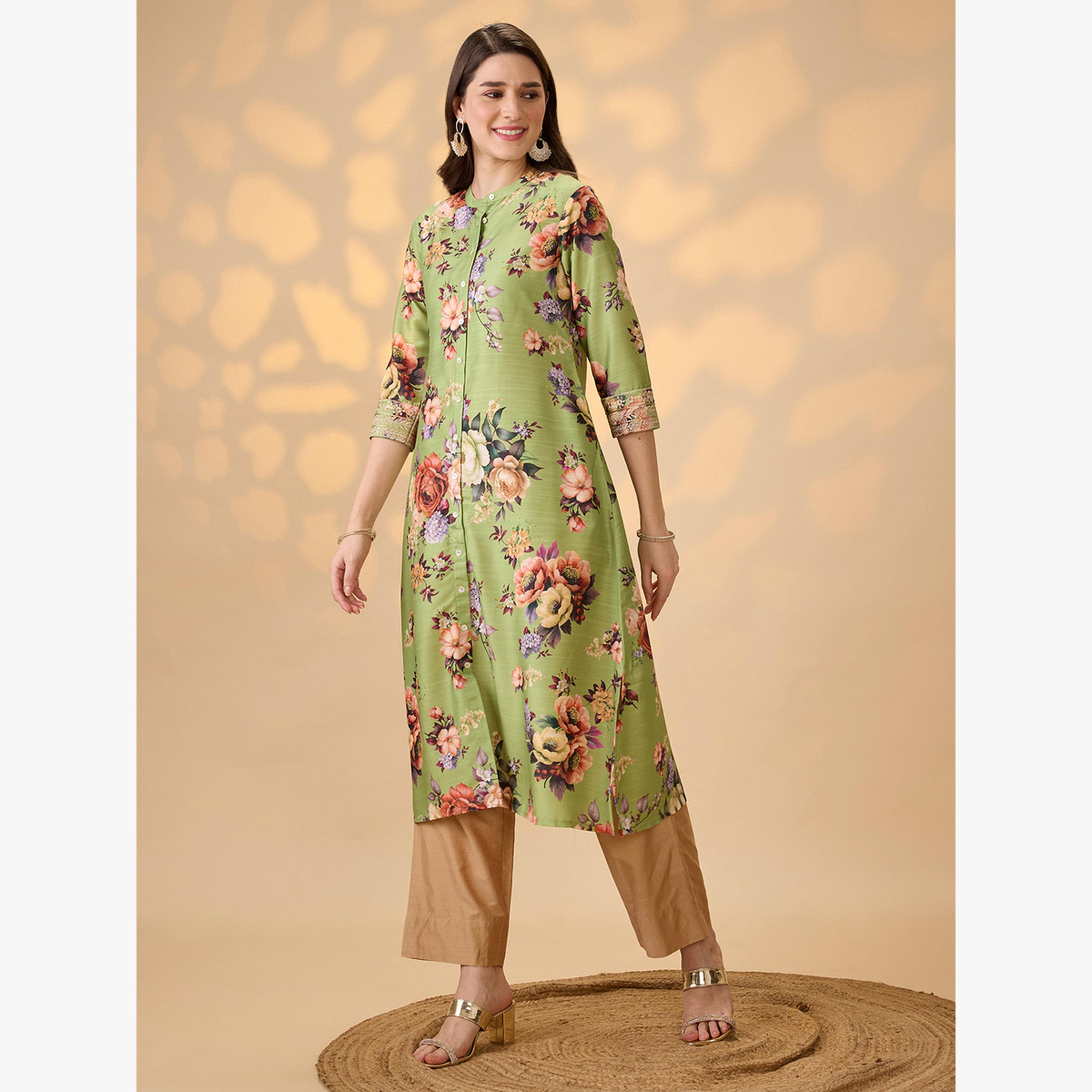 كورتا احتفالية بحافة واسعة وأزرار أمامية بطبعة زهور-women-clothing-ethnicwear-kurtas-image-2