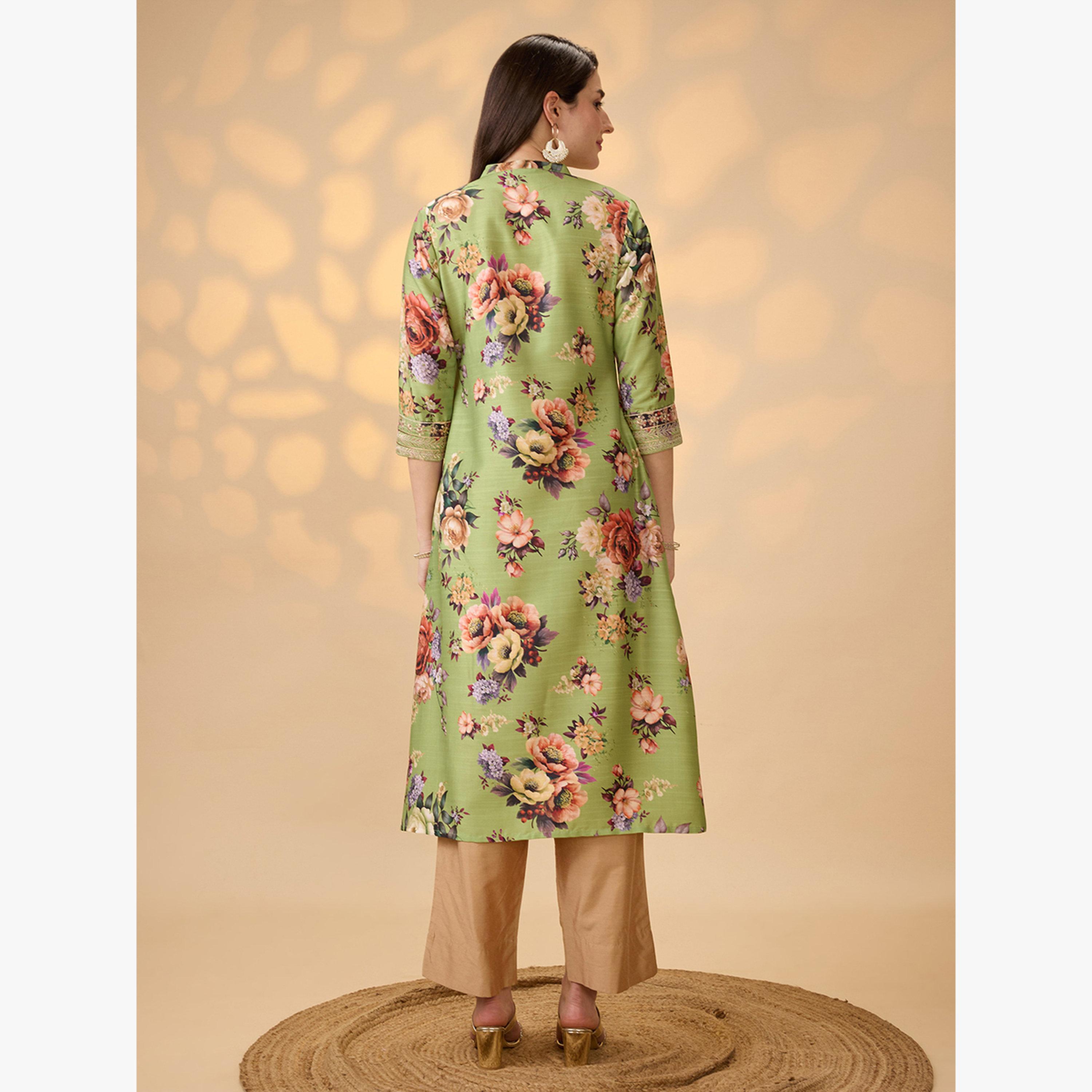 كورتا احتفالية بحافة واسعة وأزرار أمامية بطبعة زهور-women-clothing-ethnicwear-kurtas-image-3