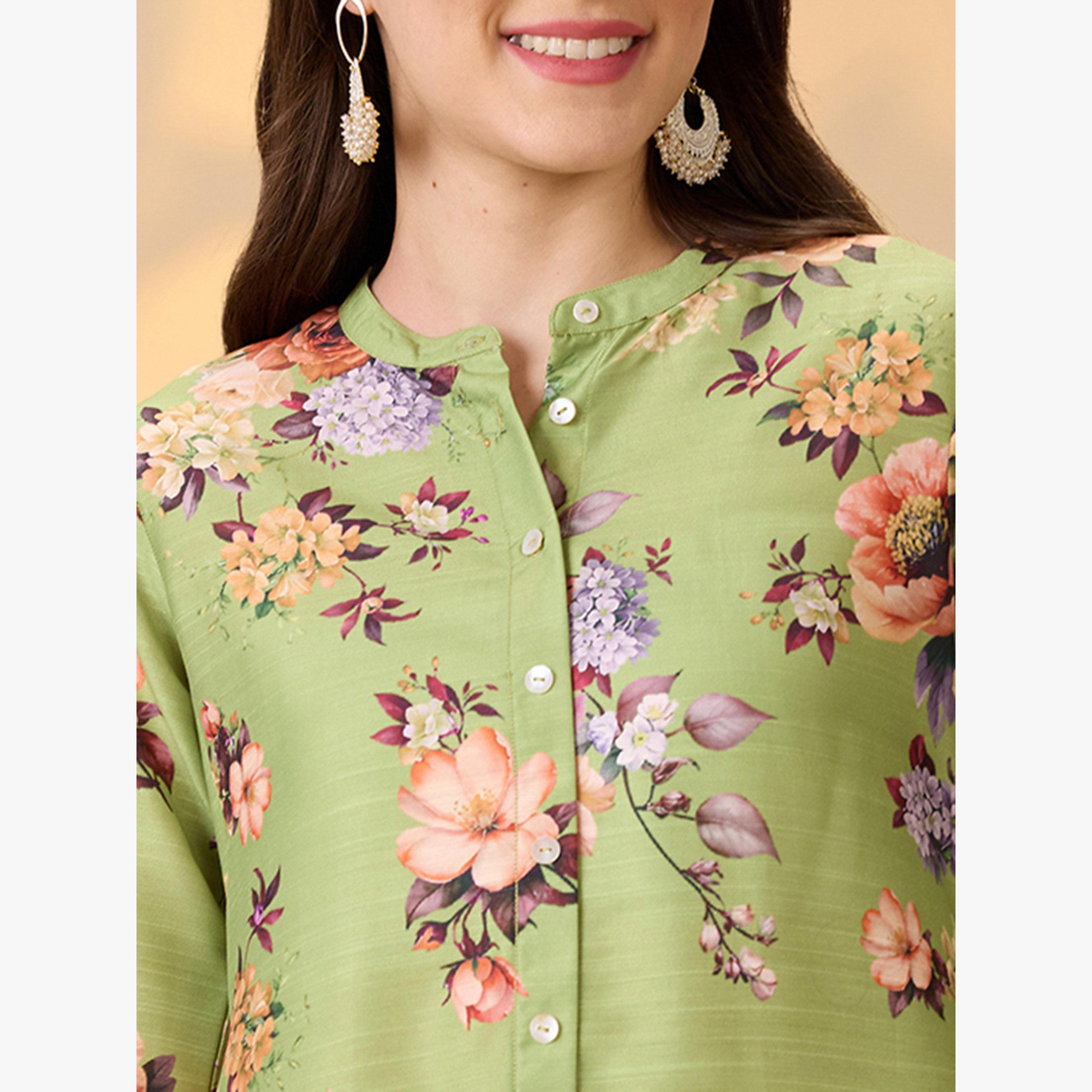 كورتا احتفالية بحافة واسعة وأزرار أمامية بطبعة زهور-women-clothing-ethnicwear-kurtas-image-4