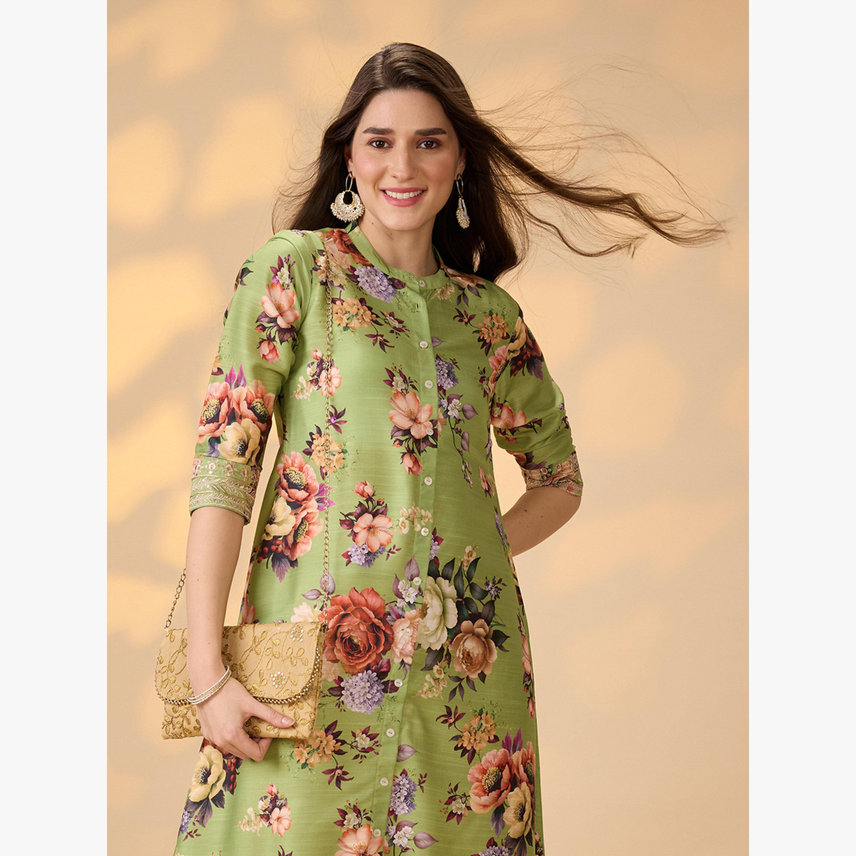 Globus X Styli Floral Print Button Placket A-Line Festive Kurta-women-clothing-ethnicwear-kurtas-image-5
