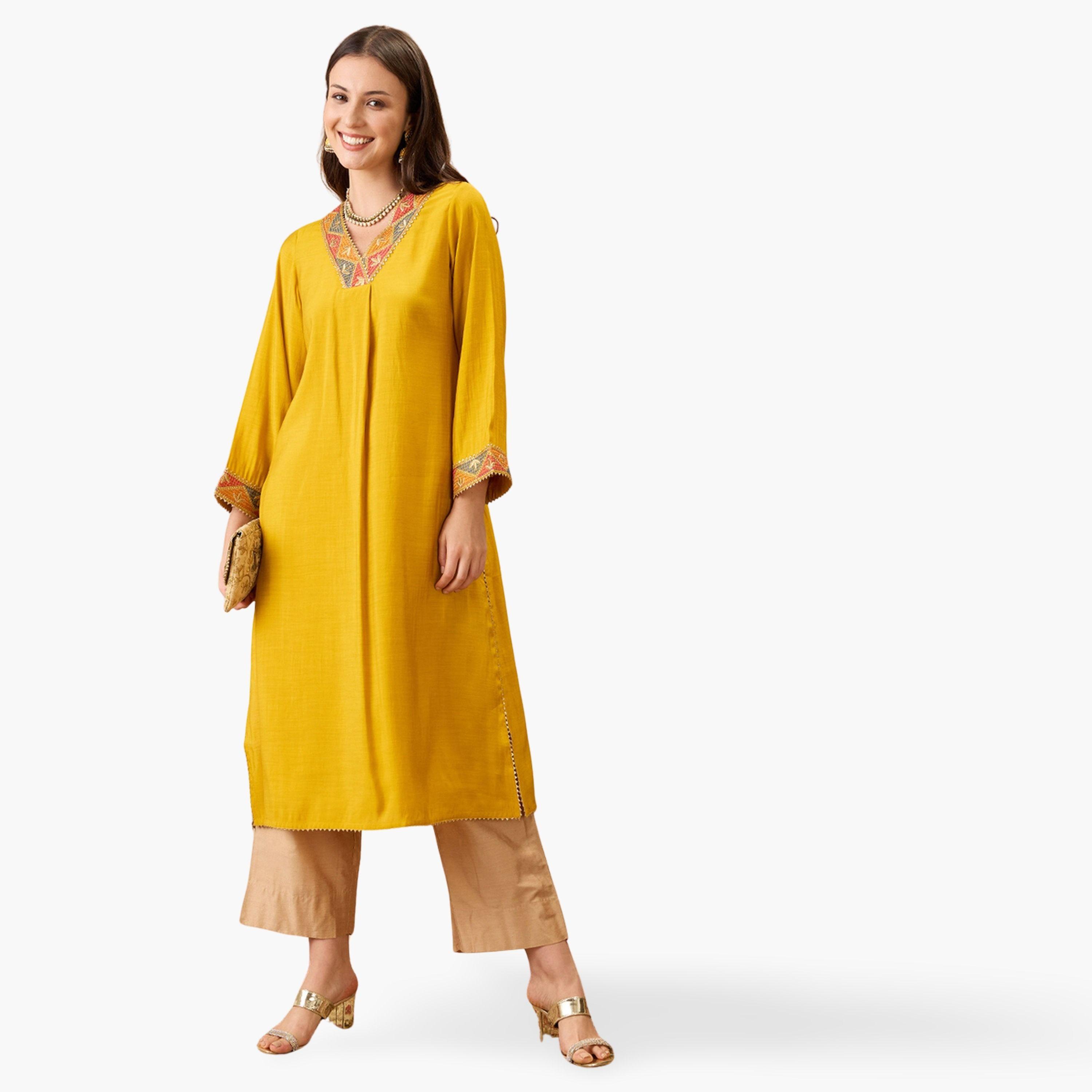 Globus X Styli Gotta Patti Lace Detail A-Line Festive Kurta-women-clothing-ethnicwear-kurtas-image-1