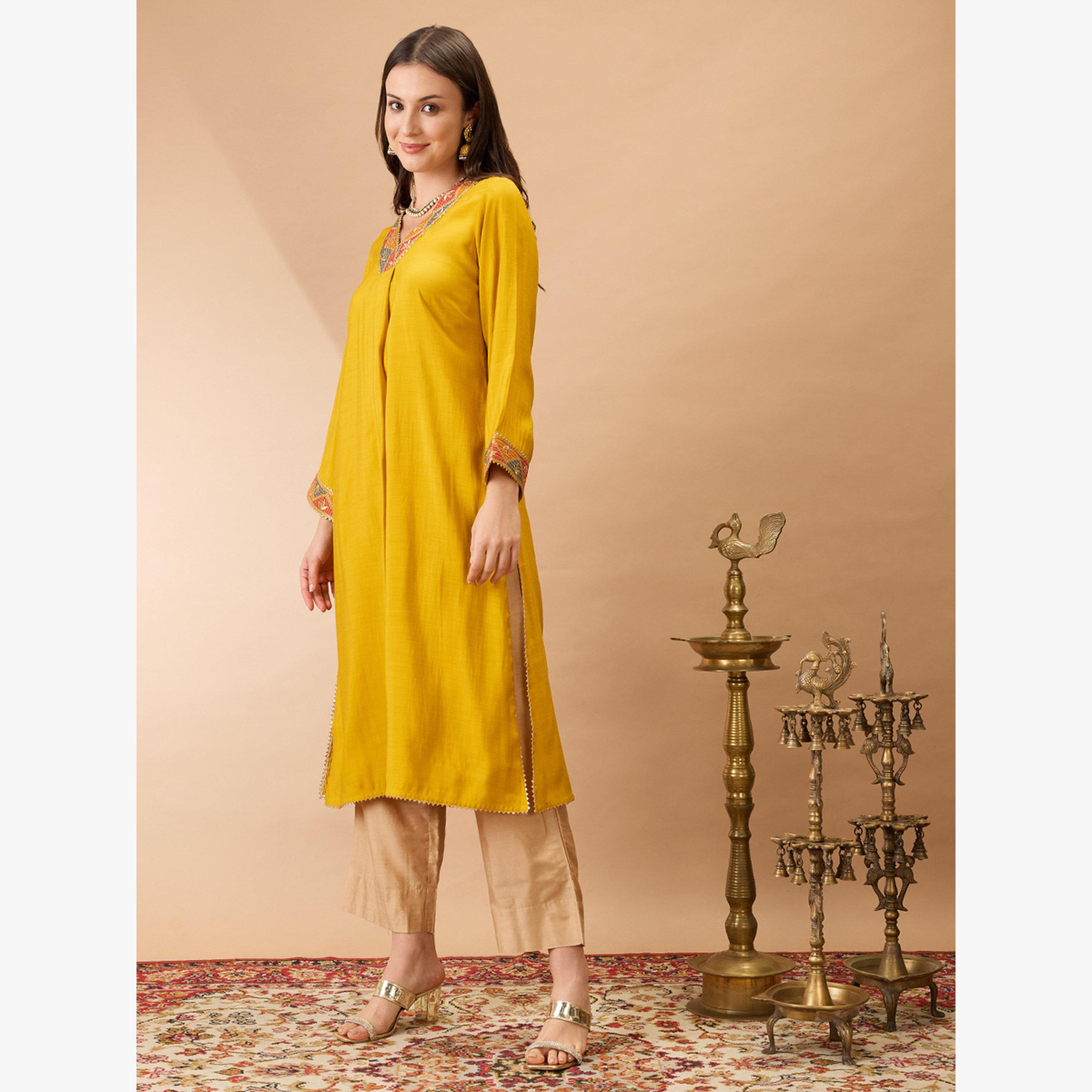 Globus X Styli Gotta Patti Lace Detail A-Line Festive Kurta-women-clothing-ethnicwear-kurtas-image-2