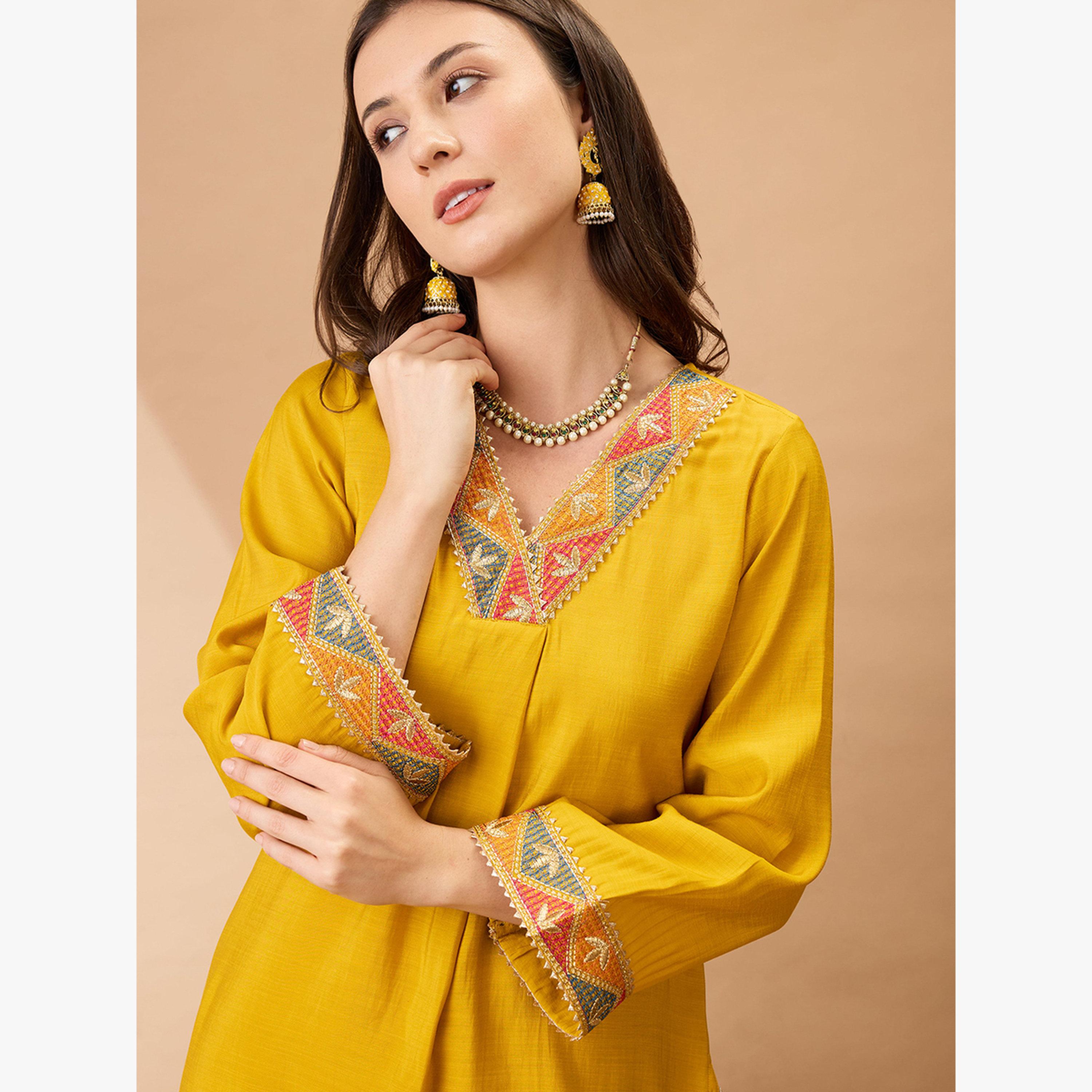 Globus X Styli Gotta Patti Lace Detail A-Line Festive Kurta-women-clothing-ethnicwear-kurtas-image-5