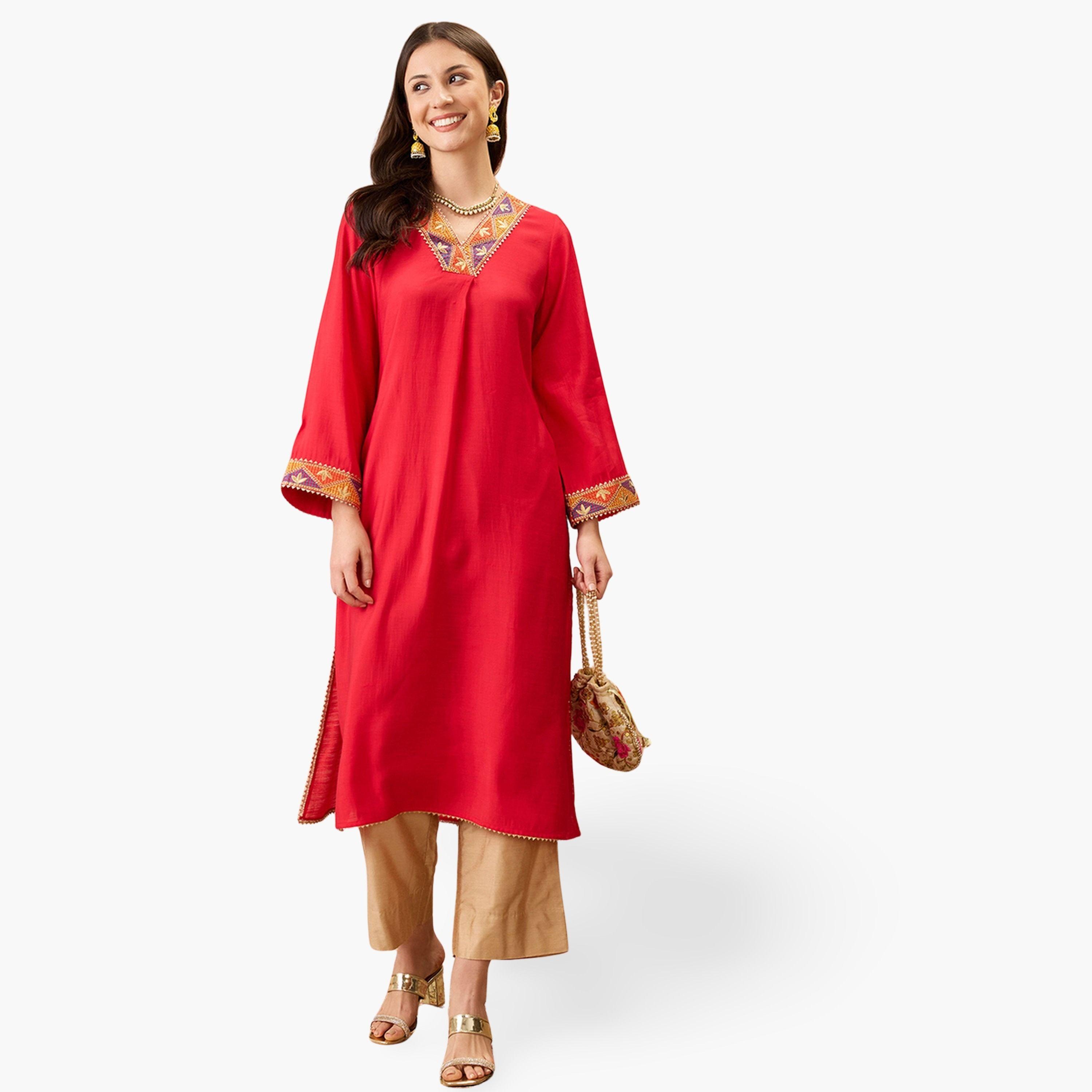 Globus X Styli  Gotta Patti Lace Detail A-Line Festive Kurta-women-clothing-ethnicwear-kurtas-image-1