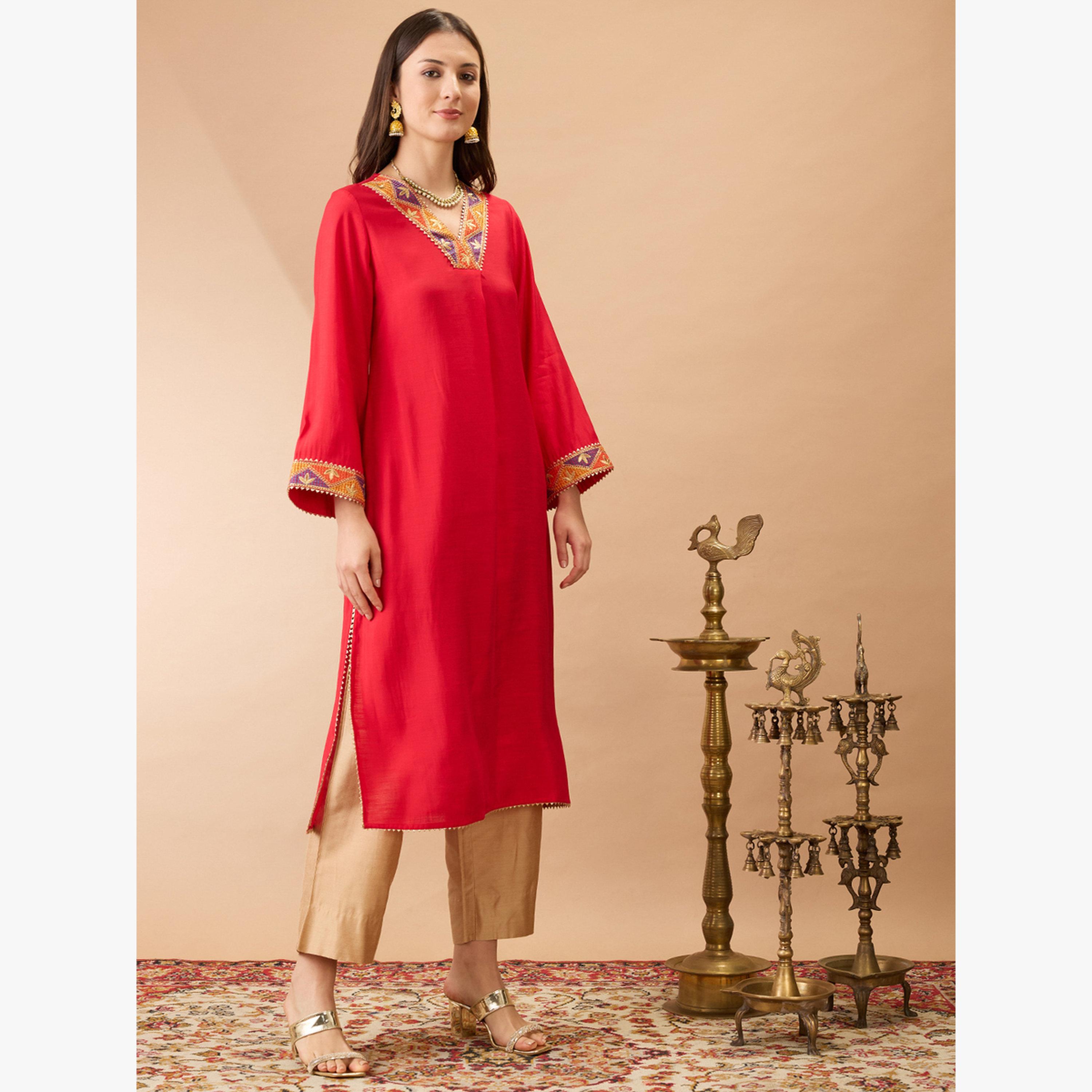 Globus X Styli  Gotta Patti Lace Detail A-Line Festive Kurta-women-clothing-ethnicwear-kurtas-image-2