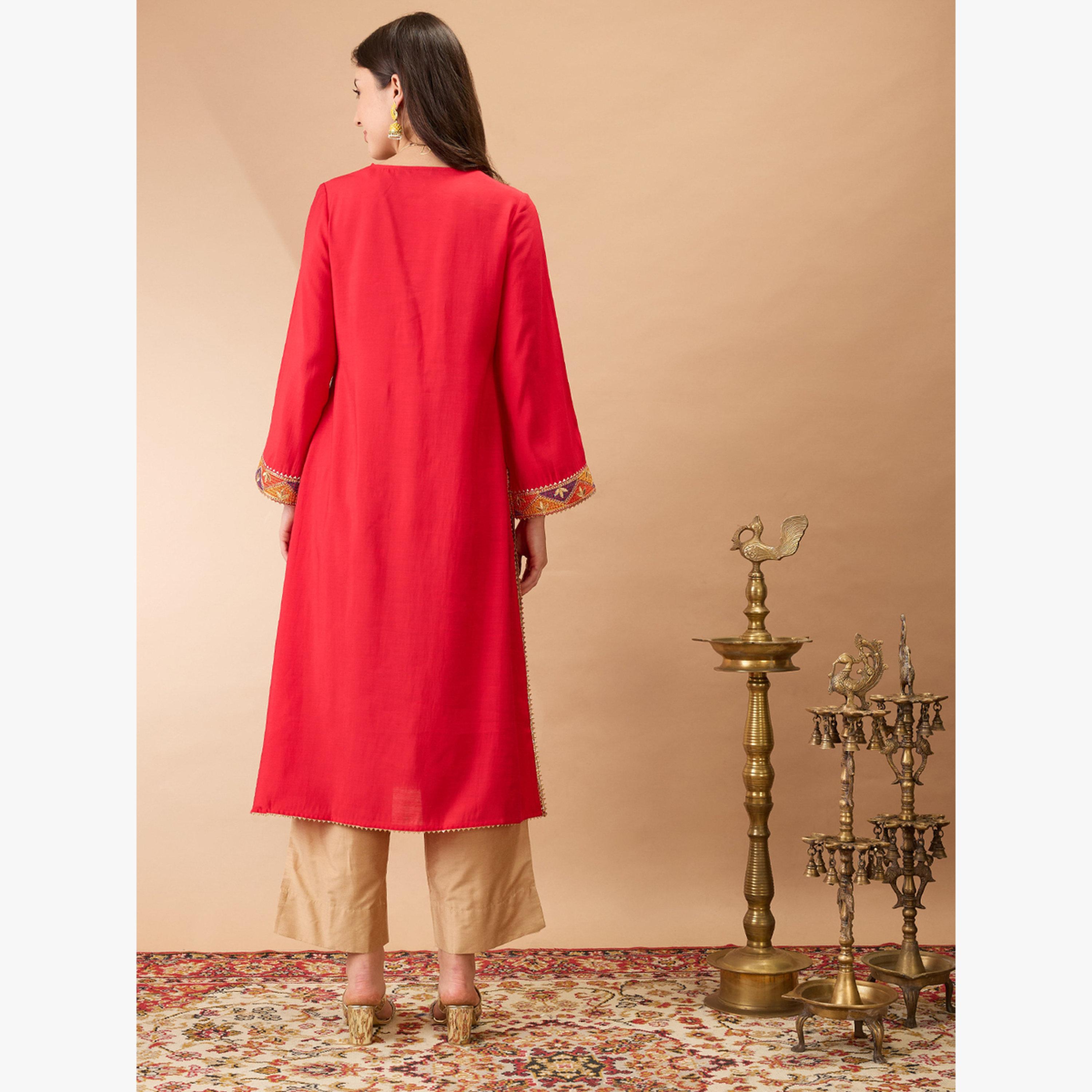 Globus X Styli  Gotta Patti Lace Detail A-Line Festive Kurta-women-clothing-ethnicwear-kurtas-image-3