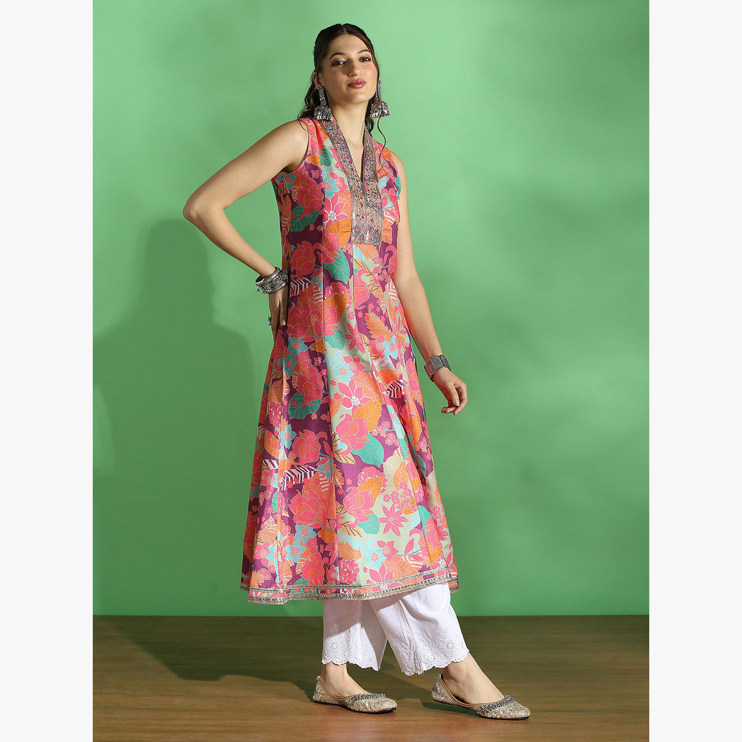 Globus X Styli Floral Print Embroidered Zari Work Anarkali Festive Kurta-women-clothing-ethnicwear-kurtas-image-2
