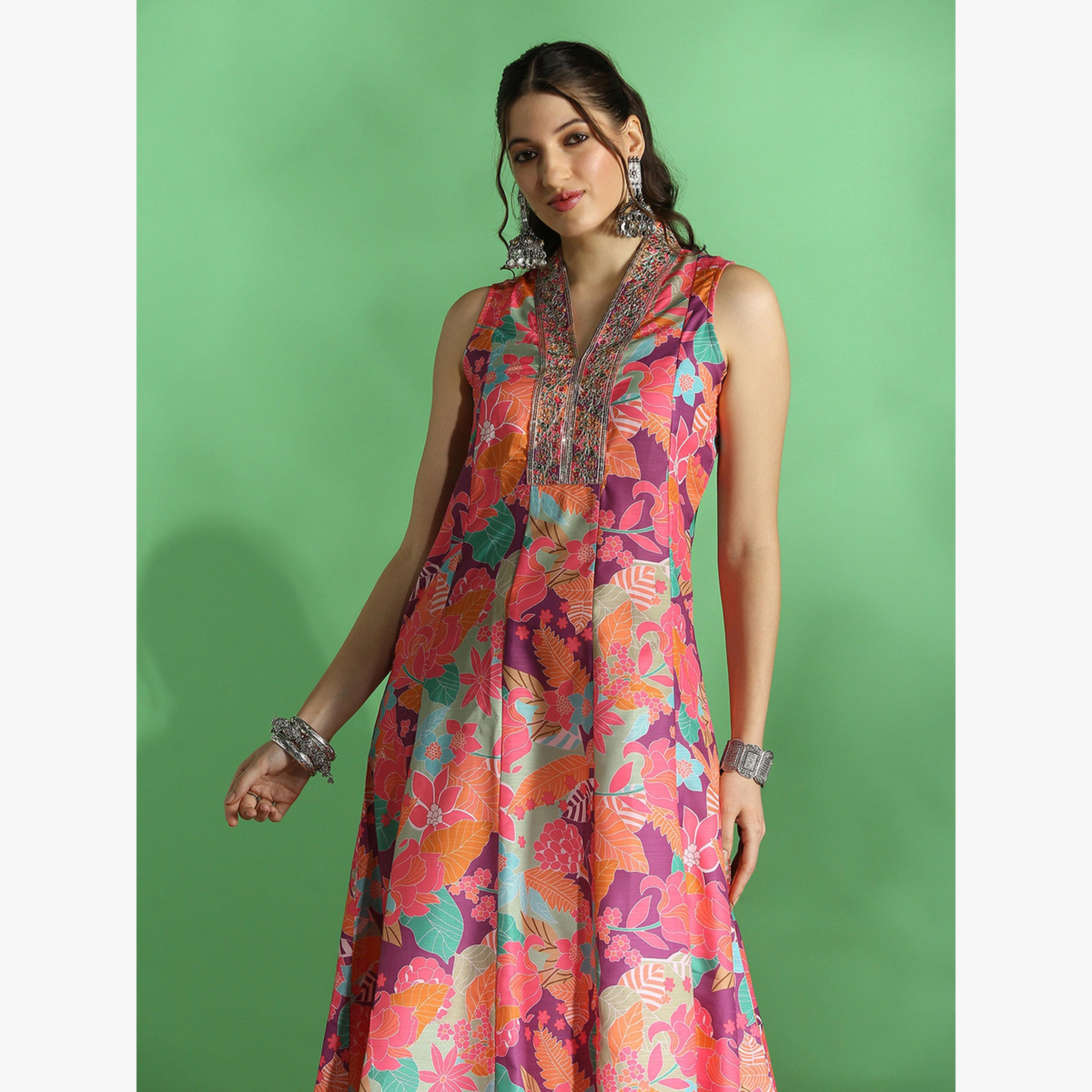 كورتا أناركلي احتفالية مطرزة بطبعة زهور وتطريز زاري-women-clothing-ethnicwear-kurtas-image-5