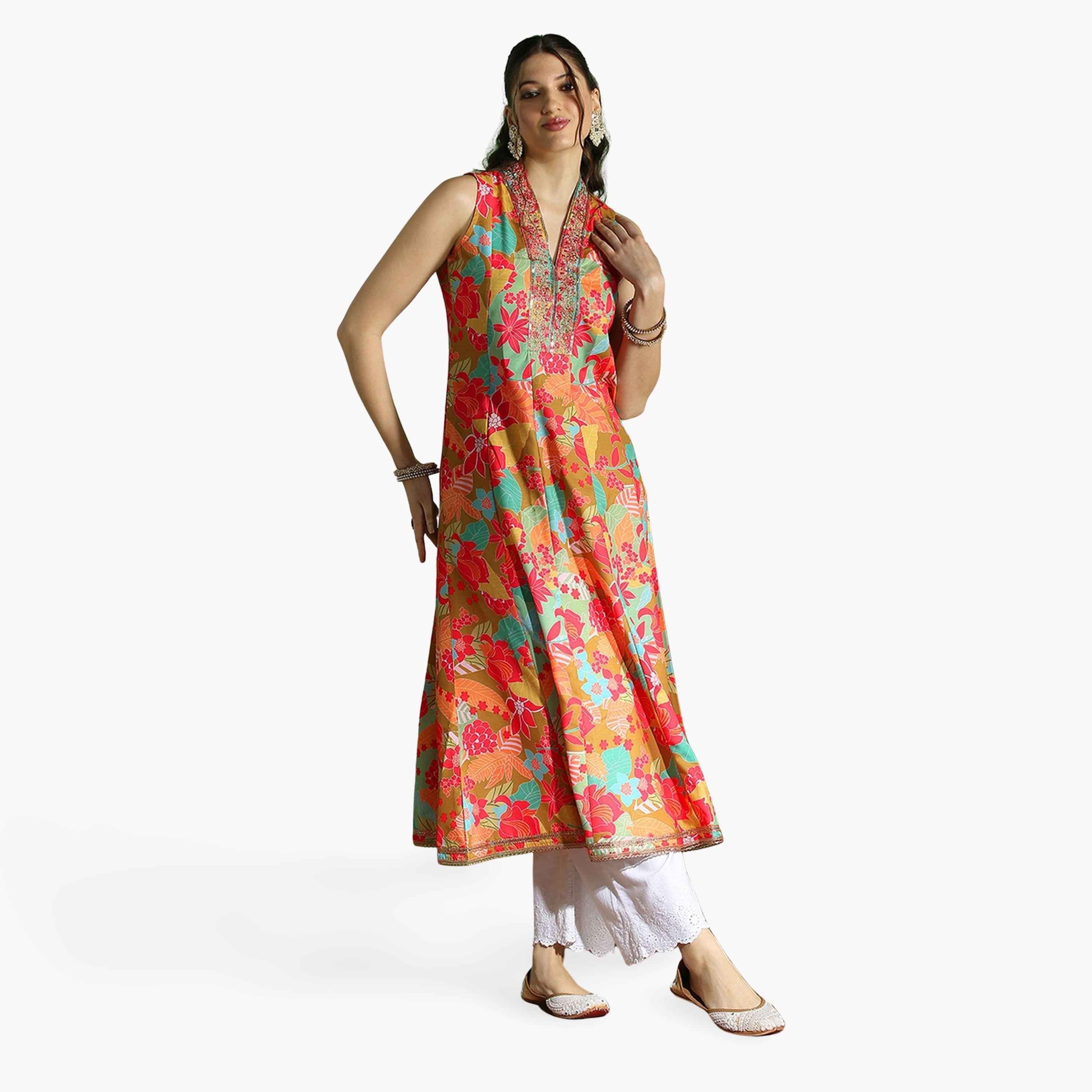 Globus X Styli Floral Print Zari Work V-Neck Paneled Anarkali Festive Kurta-women-clothing-ethnicwear-kurtas-image-1