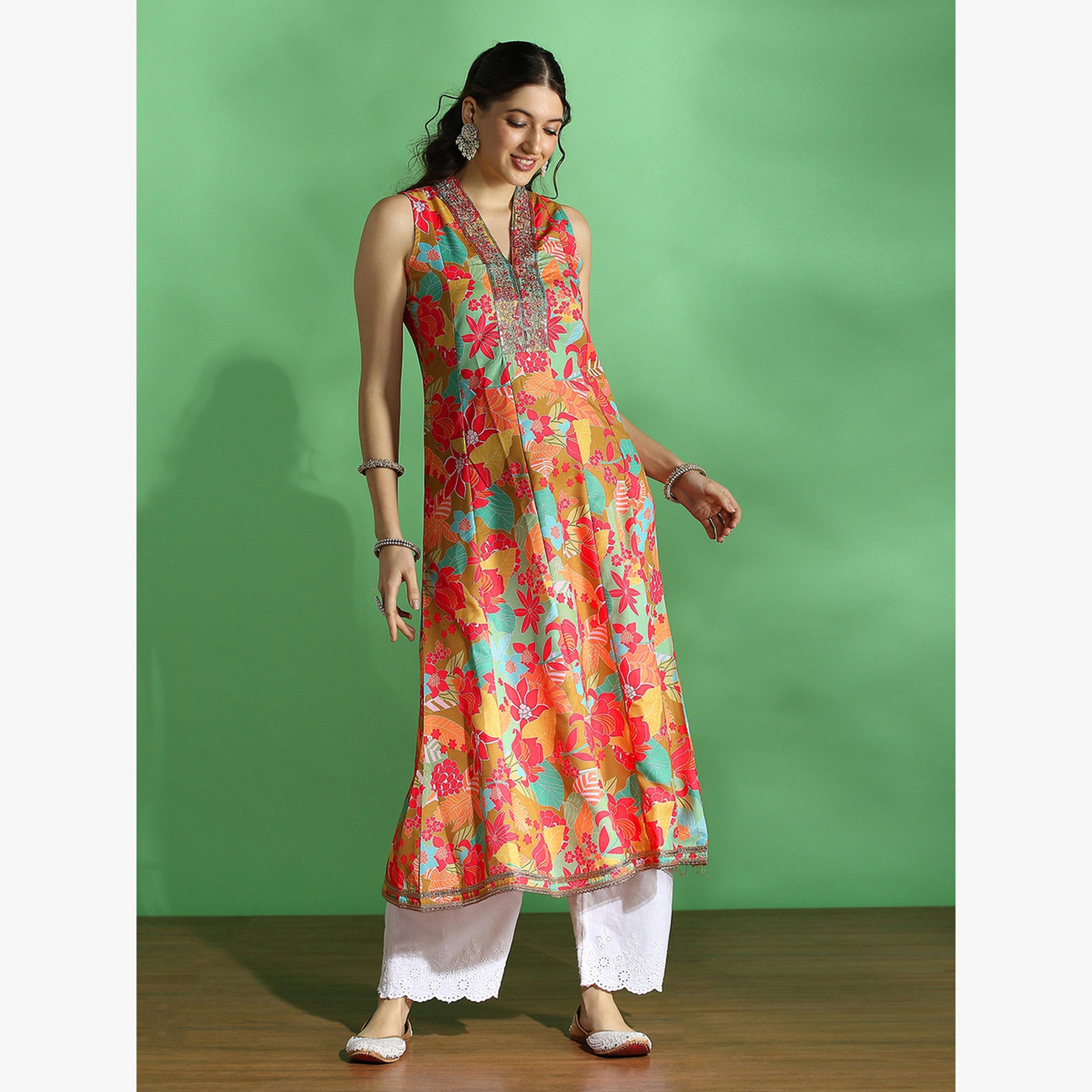 Globus X Styli Floral Print Zari Work V-Neck Paneled Anarkali Festive Kurta-women-clothing-ethnicwear-kurtas-image-2