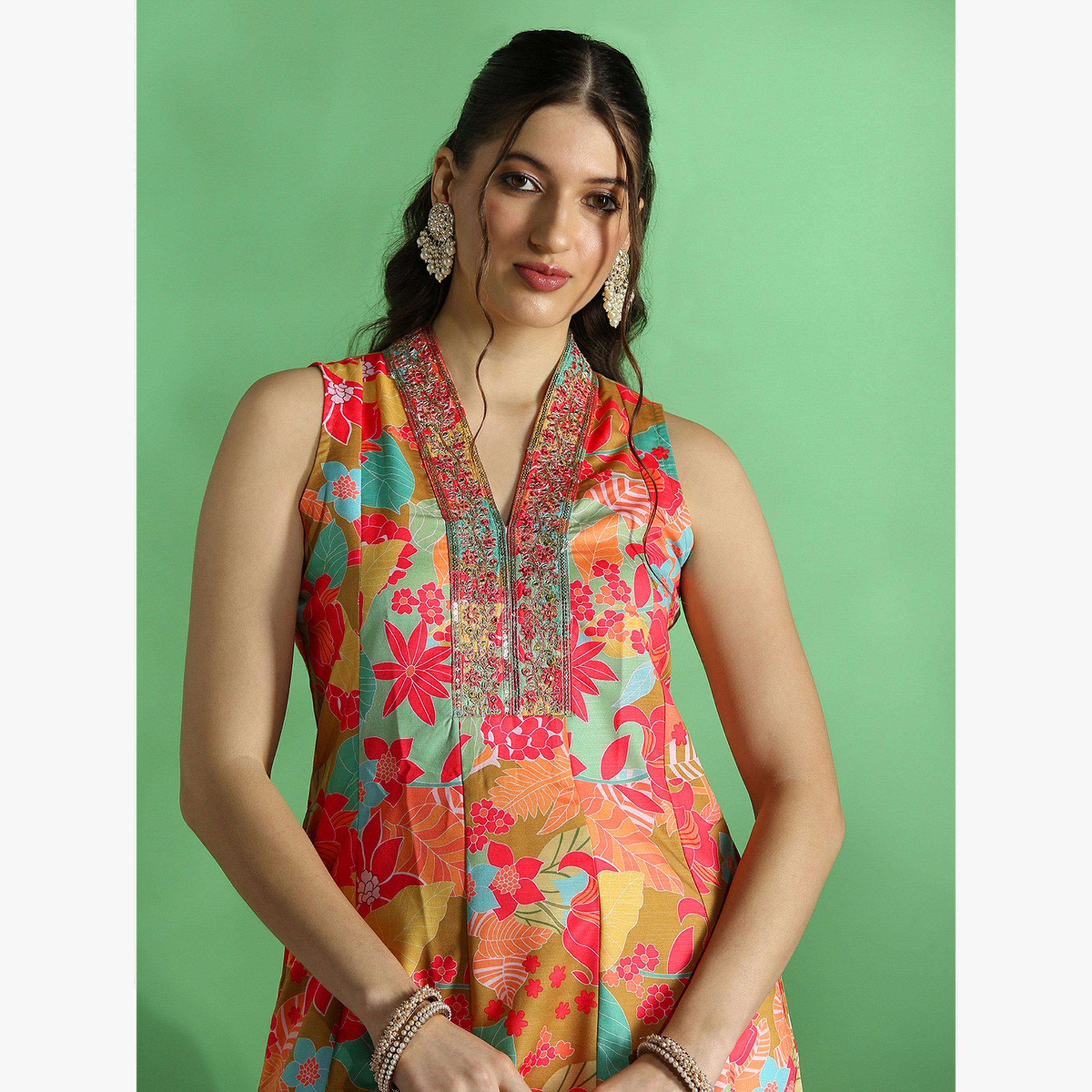 كورتا أناركلي احتفالية بطبعة زهور وتطريز زاري-women-clothing-ethnicwear-kurtas-image-5