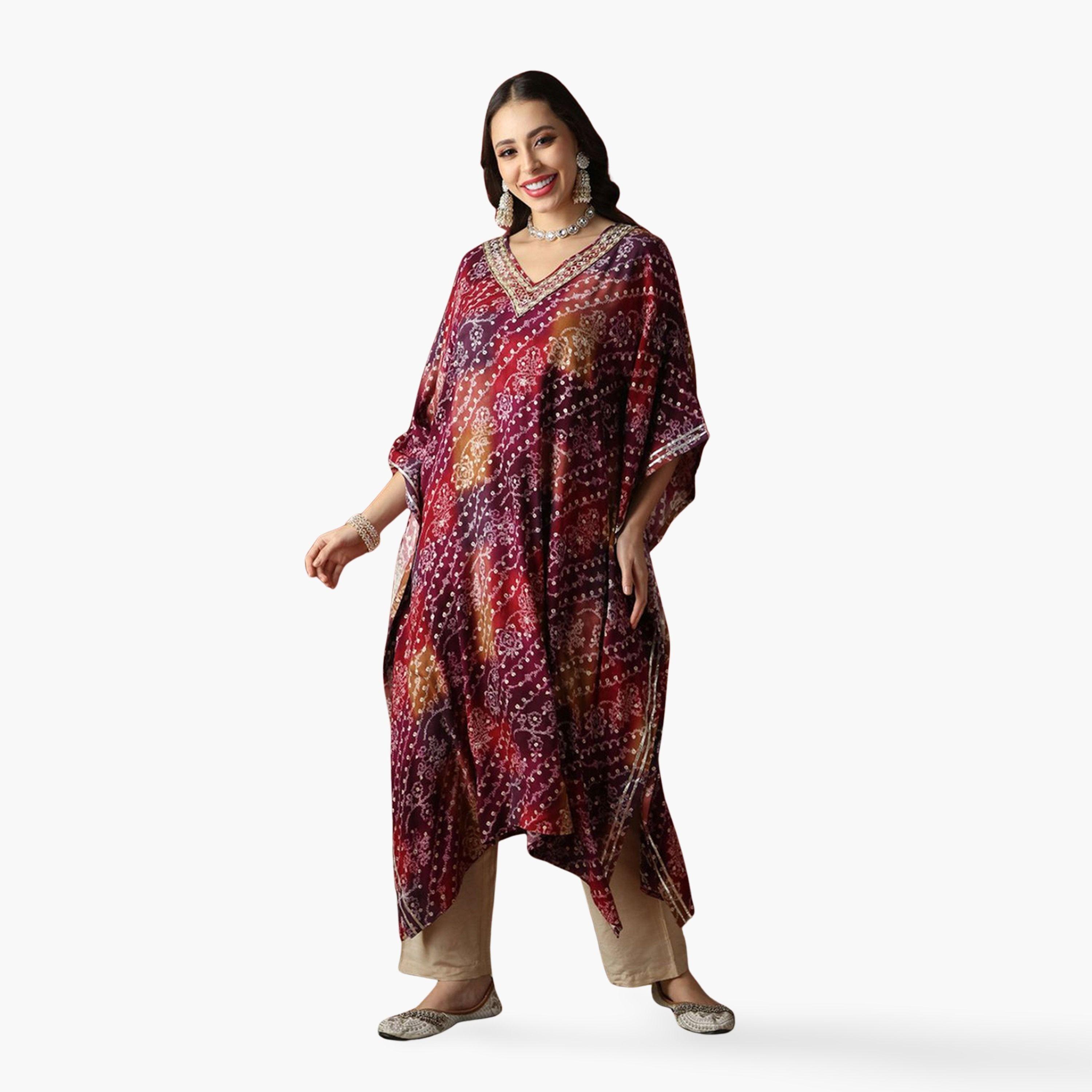 كورتا كفتان احتفالية بطبعة عرقية وتطريز زاري ودانتيل جوتا باتي-women-clothing-ethnicwear-kurtas-image-1