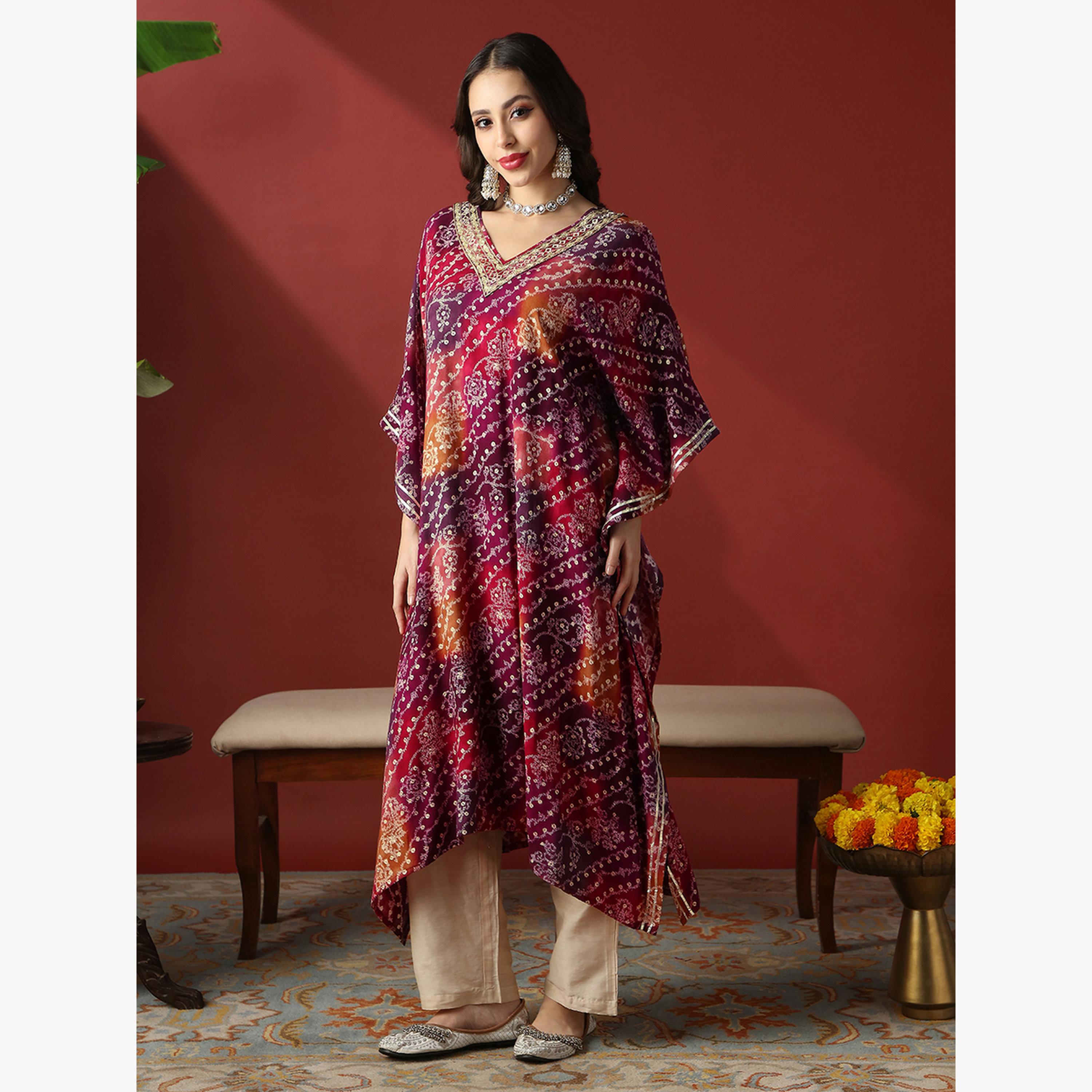 كورتا كفتان احتفالية بطبعة عرقية وتطريز زاري ودانتيل جوتا باتي-women-clothing-ethnicwear-kurtas-image-2
