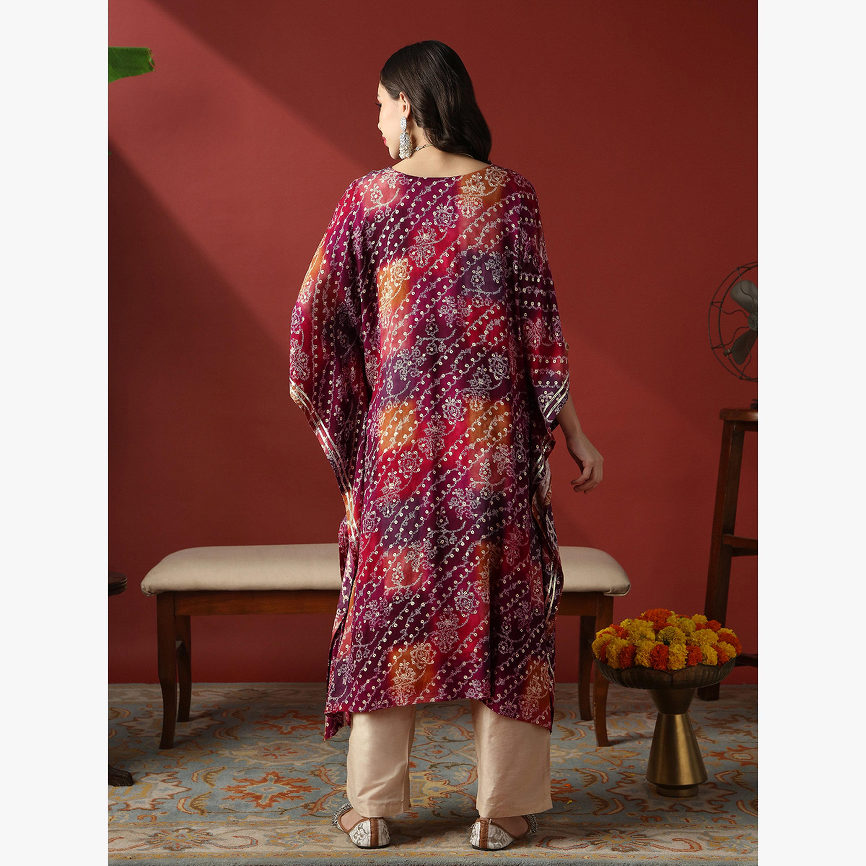كورتا كفتان احتفالية بطبعة عرقية وتطريز زاري ودانتيل جوتا باتي-women-clothing-ethnicwear-kurtas-image-3