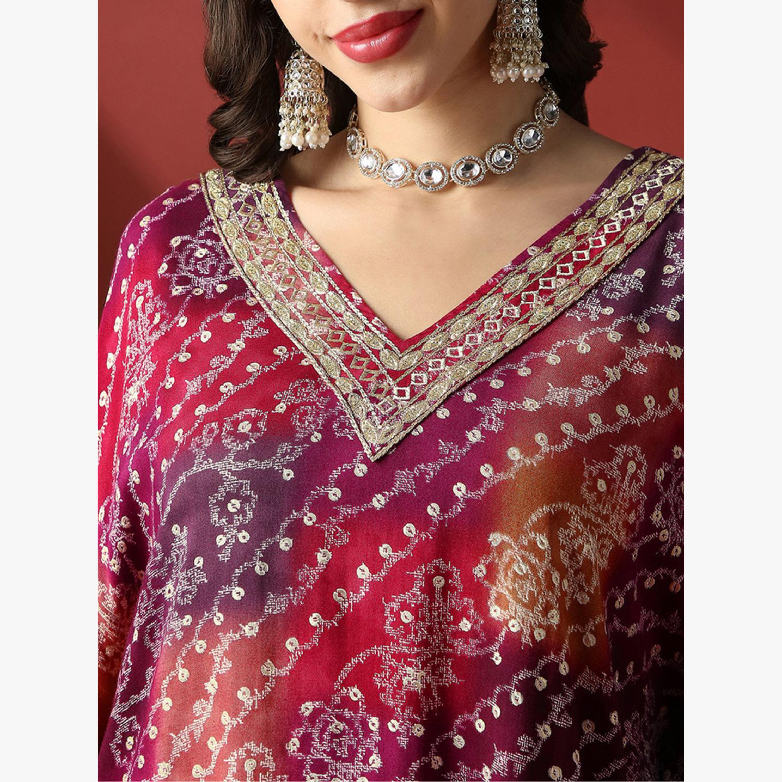 كورتا كفتان احتفالية بطبعة عرقية وتطريز زاري ودانتيل جوتا باتي-women-clothing-ethnicwear-kurtas-image-4
