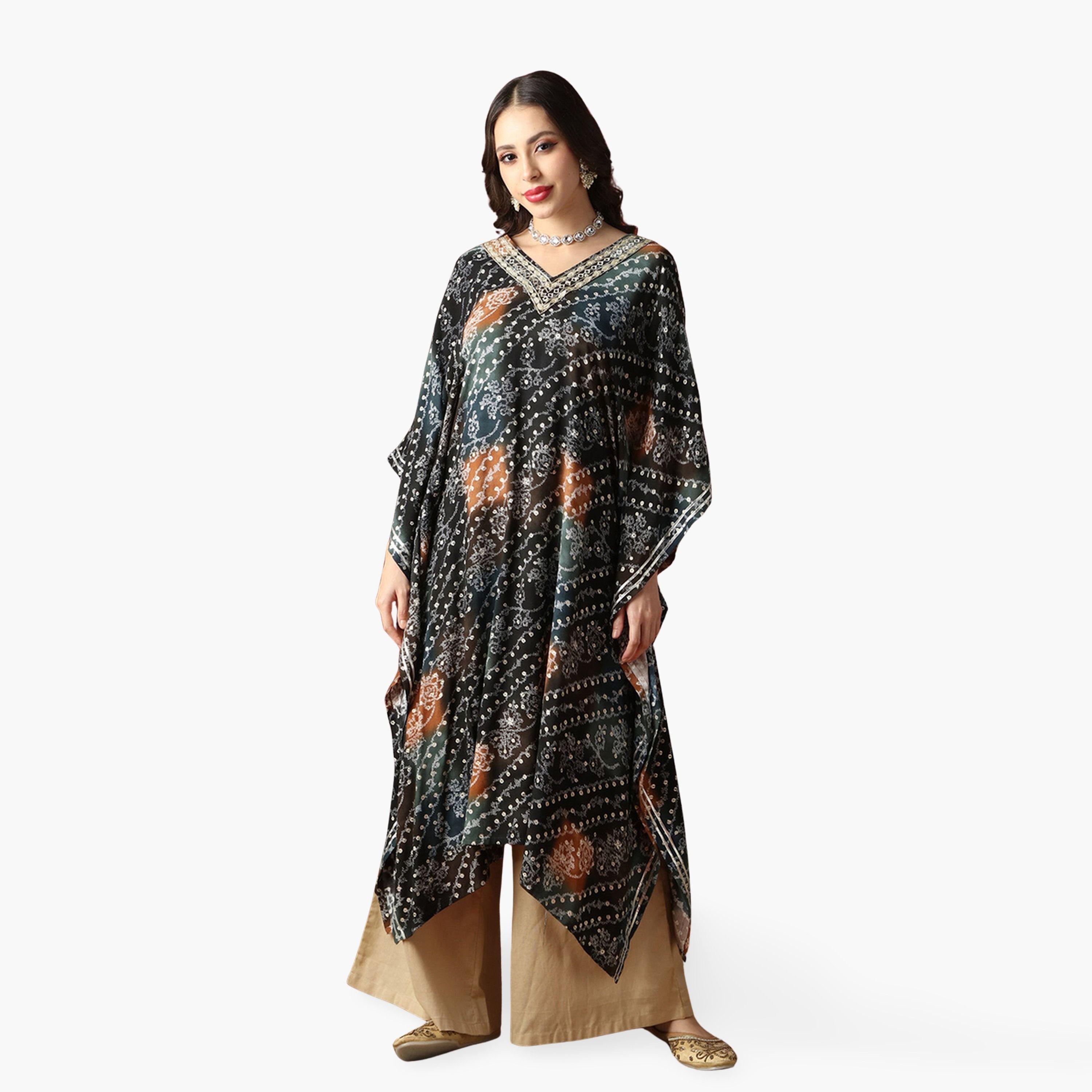 Globus X Styli Zari Embroidered Ethnic Print Gotta Patti Fusion Kaftan Kurta-women-clothing-ethnicwear-kurtas-image-1