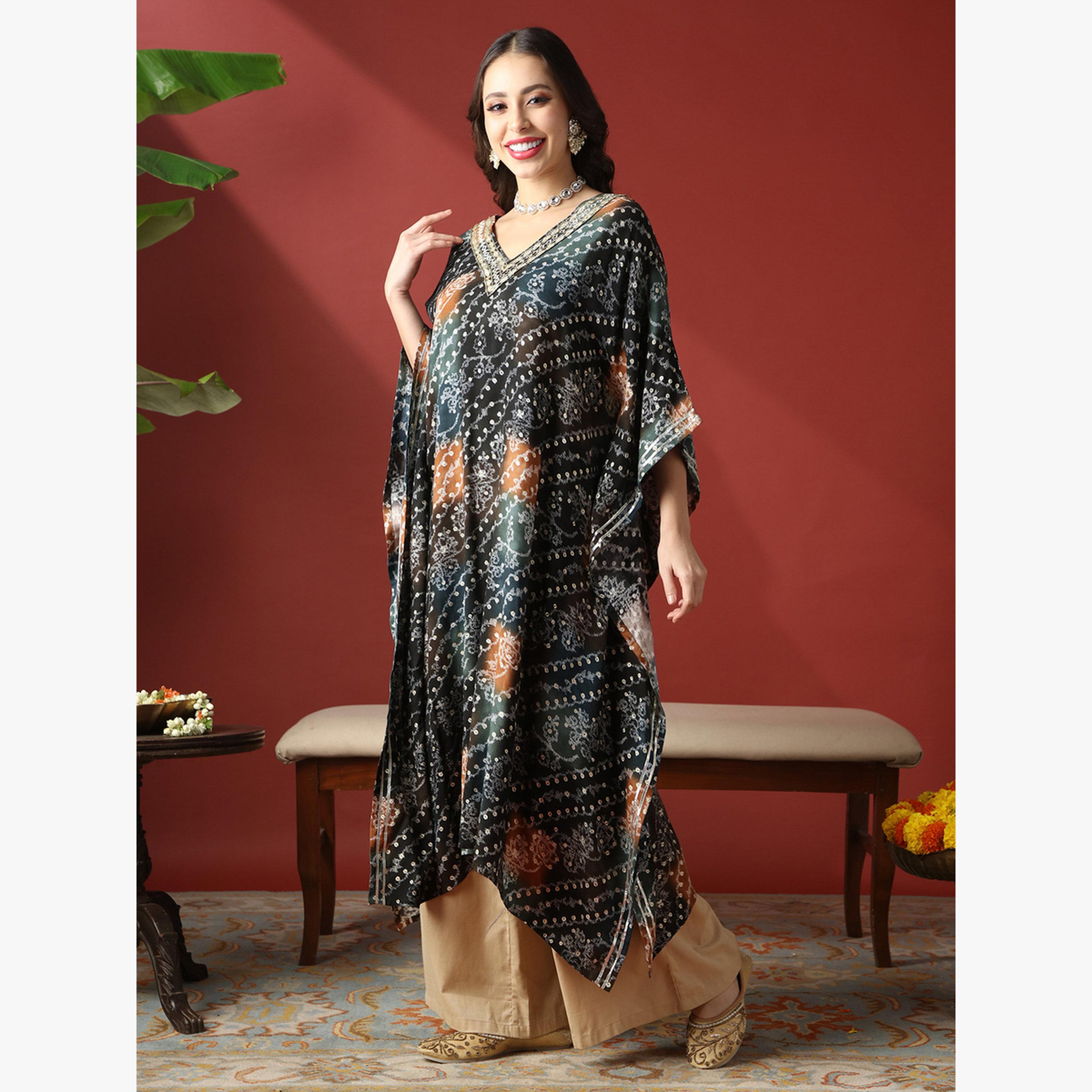 كورتا كفتان احتفالية بطبعة عرقية وتطريز زاري ودانتيل جوتا باتي-women-clothing-ethnicwear-kurtas-image-2