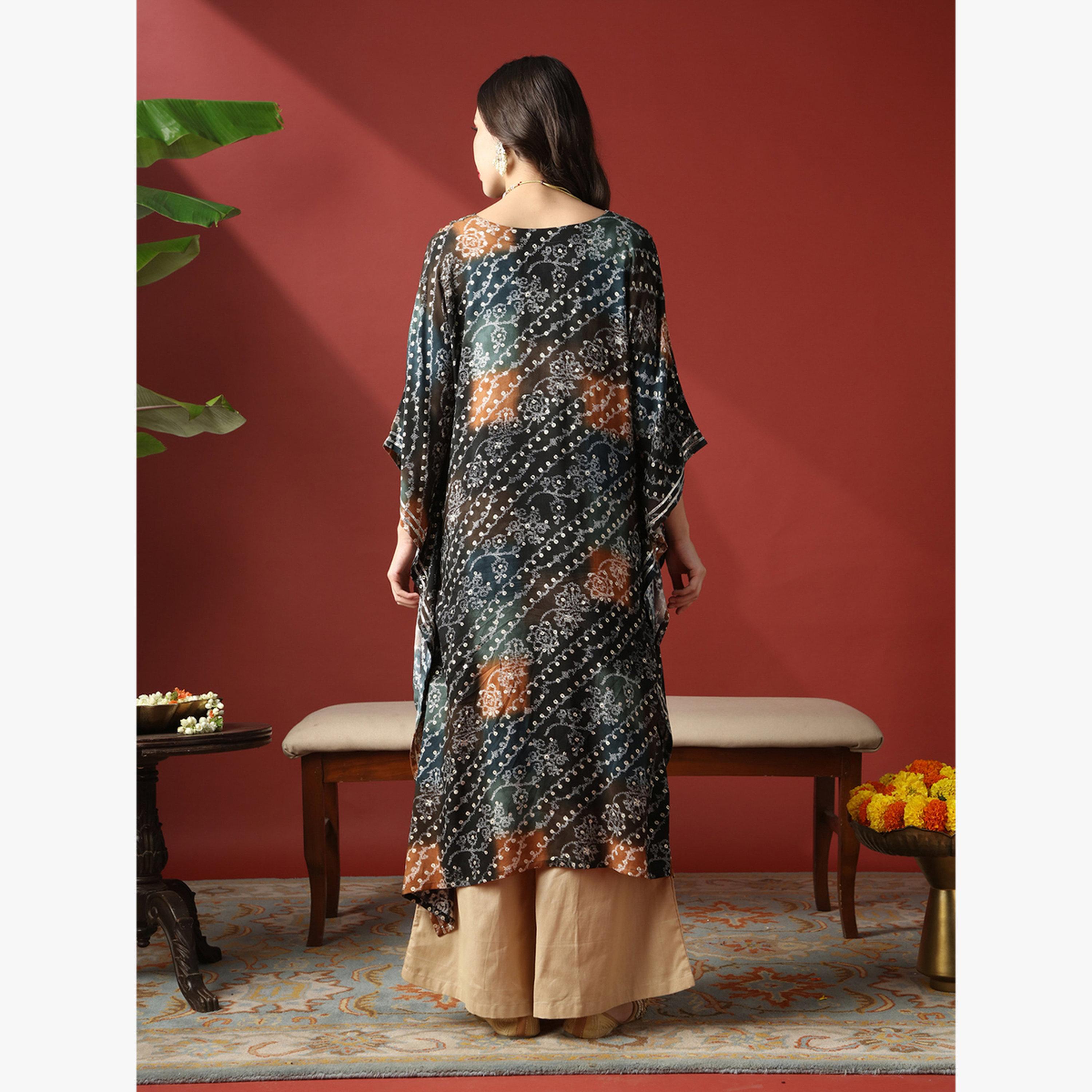 Globus X Styli Zari Embroidered Ethnic Print Gotta Patti Fusion Kaftan Kurta-women-clothing-ethnicwear-kurtas-image-3